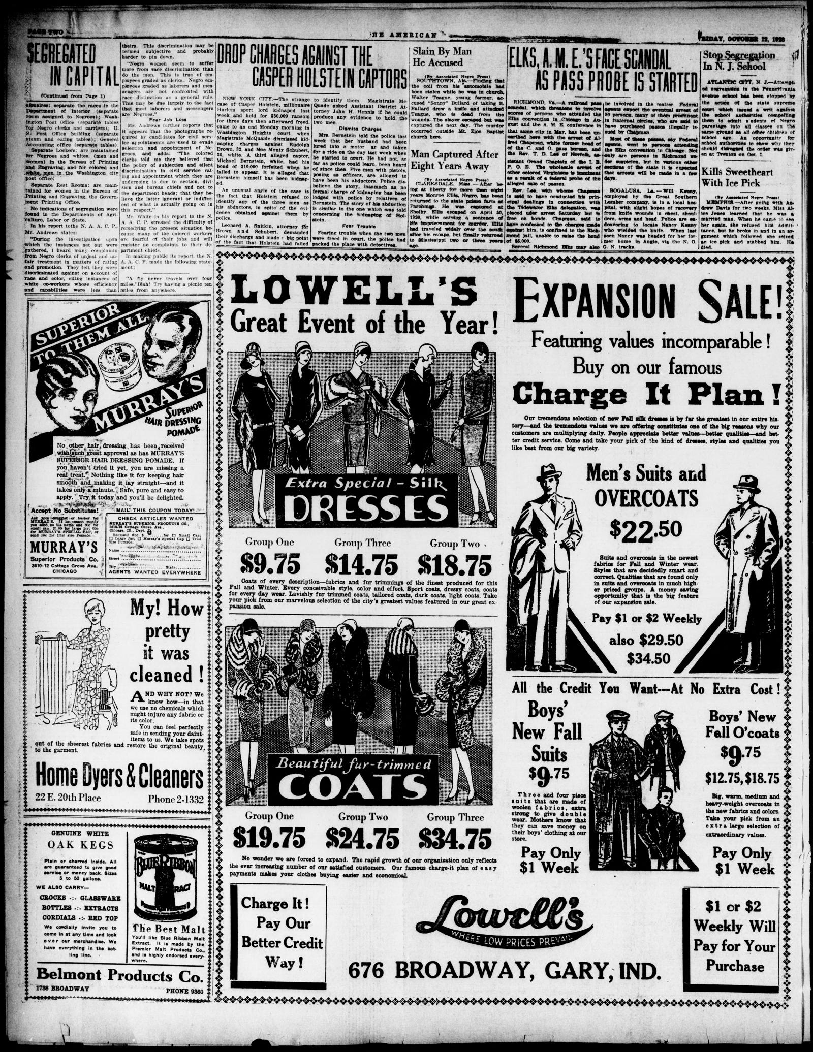 Page two of The Gary American, 12 October 1928; the item headed Drop Charges Against the Casper Holstein Captors runs across the second and third columns at the top, above large clothing advertisements for Lowell's of Gary