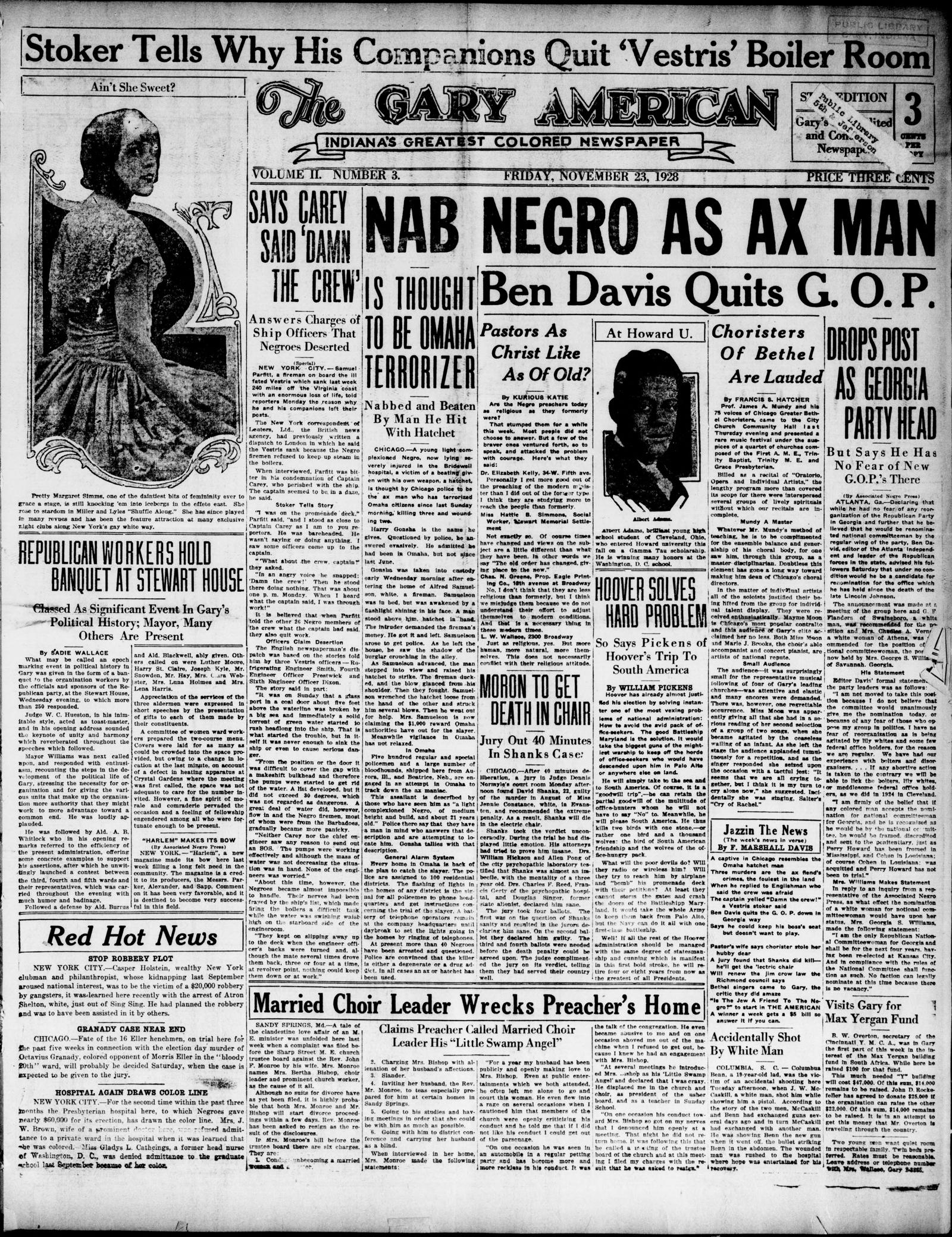 Front page of The Gary American, Friday, 23 November 1928, with a portrait of a young woman at upper left; the Holstein item is the first paragraph in the boxed Red Hot News column at lower left