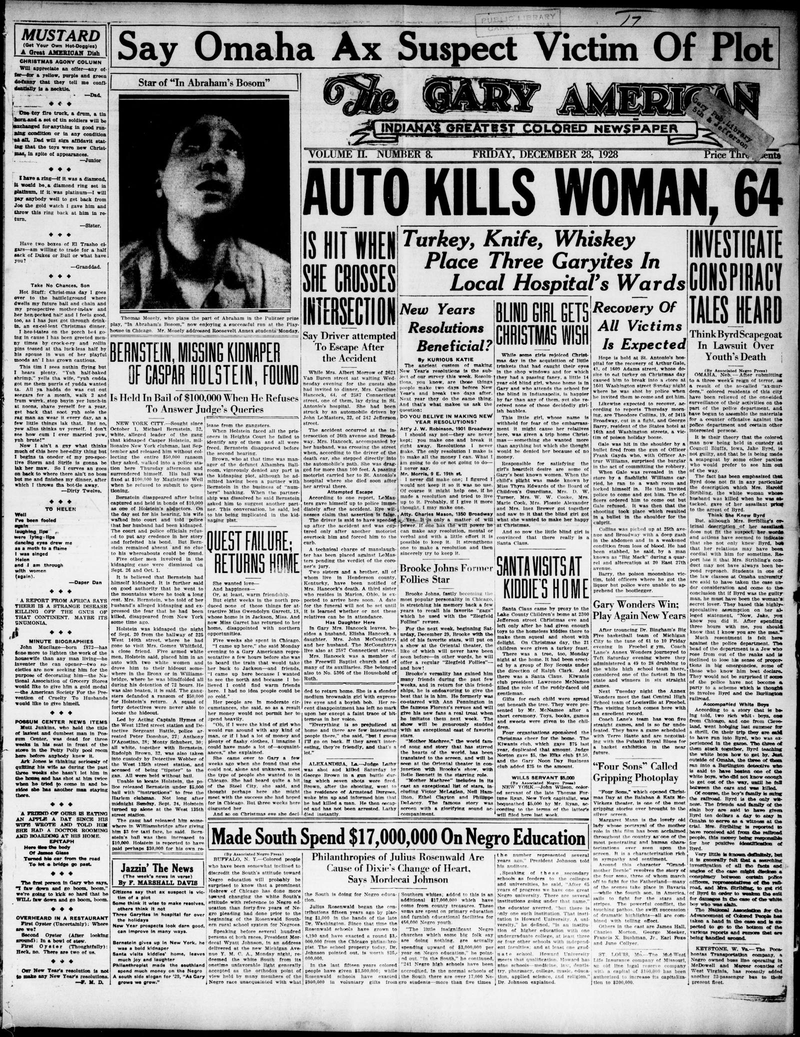 Front page of The Gary American, Friday, 28 December 1928, under the banner Auto Kills Woman, 64; the story headed Bernstein, Missing Kidnaper of Caspar Holstein, Found is in the second and third columns below a photograph of the actor Thomas Mosely