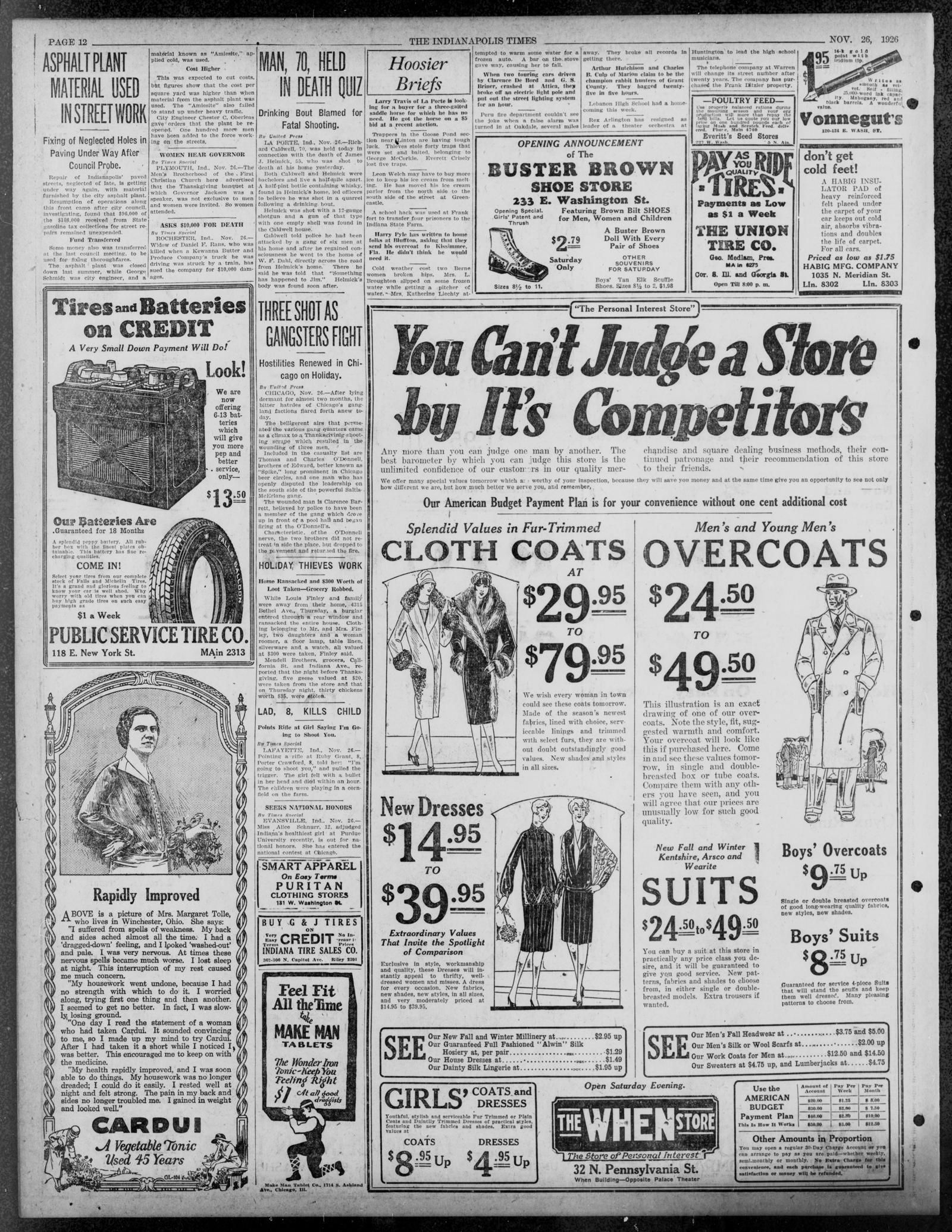 Page 12 of the Indianapolis Times, November 26, 1926, mostly advertising; the short story Three Shot as Gangsters Fight is in the second column