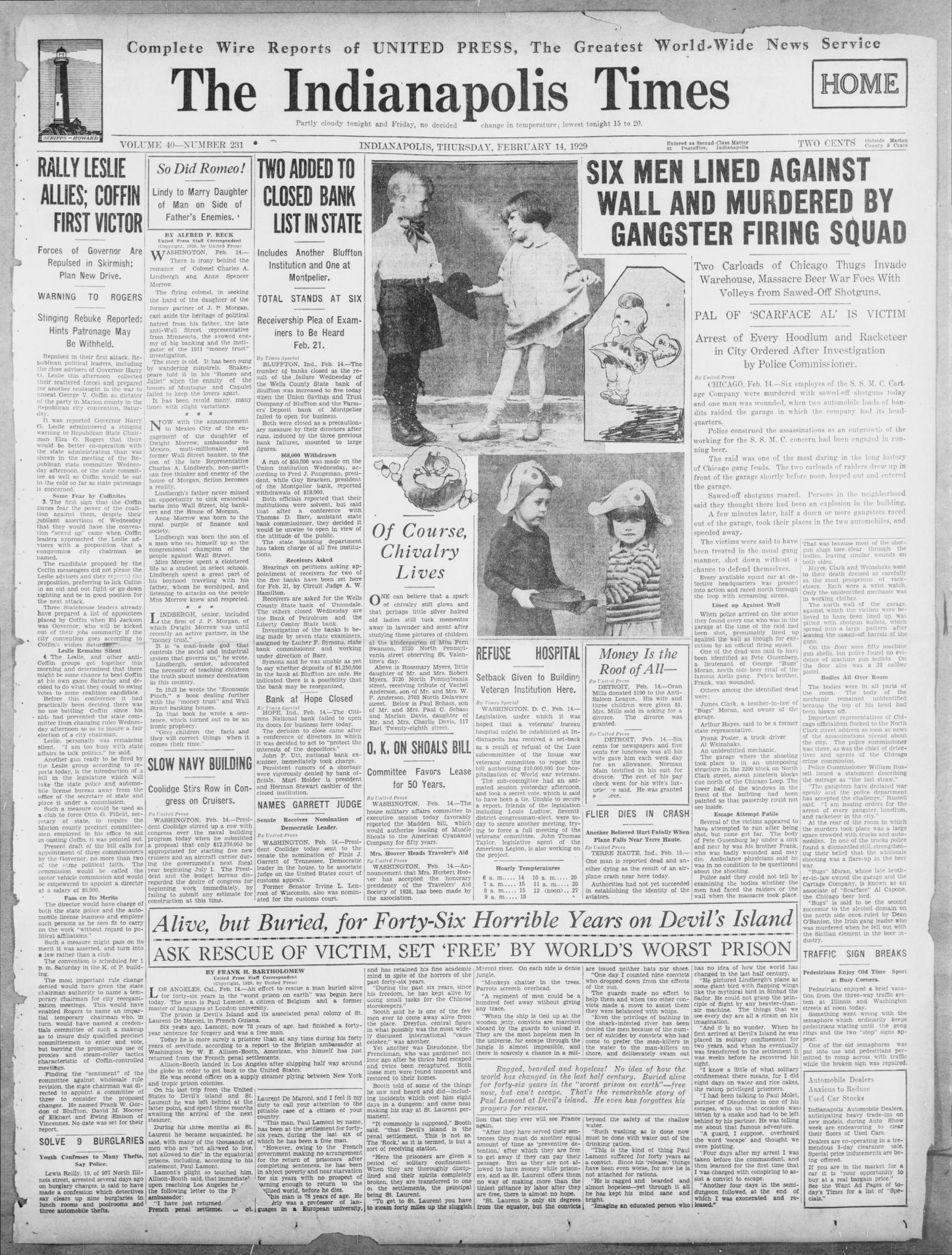 Front page of the Indianapolis Times, Indianapolis, Indiana, 14 February 1929