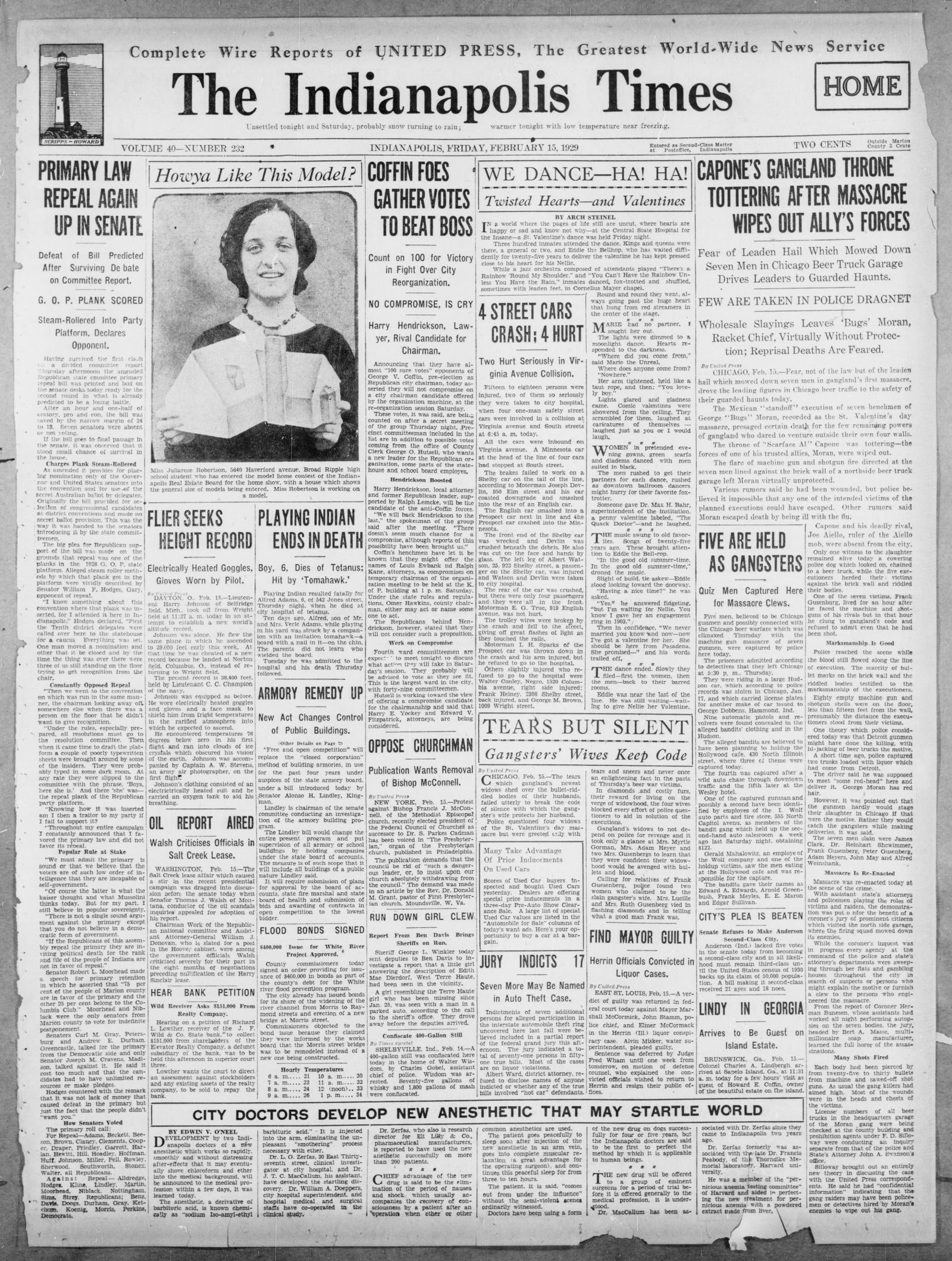 Front page of The Indianapolis Times, Indianapolis, Indiana, 15 February 1929