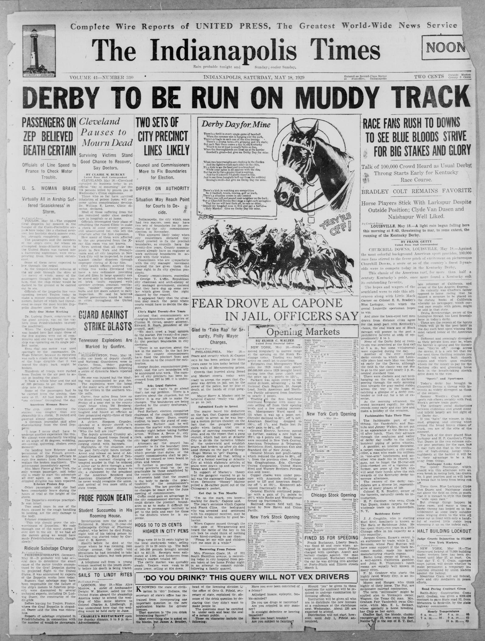 Front page of The Indianapolis Times, Indianapolis, Indiana, 18 May 1929
