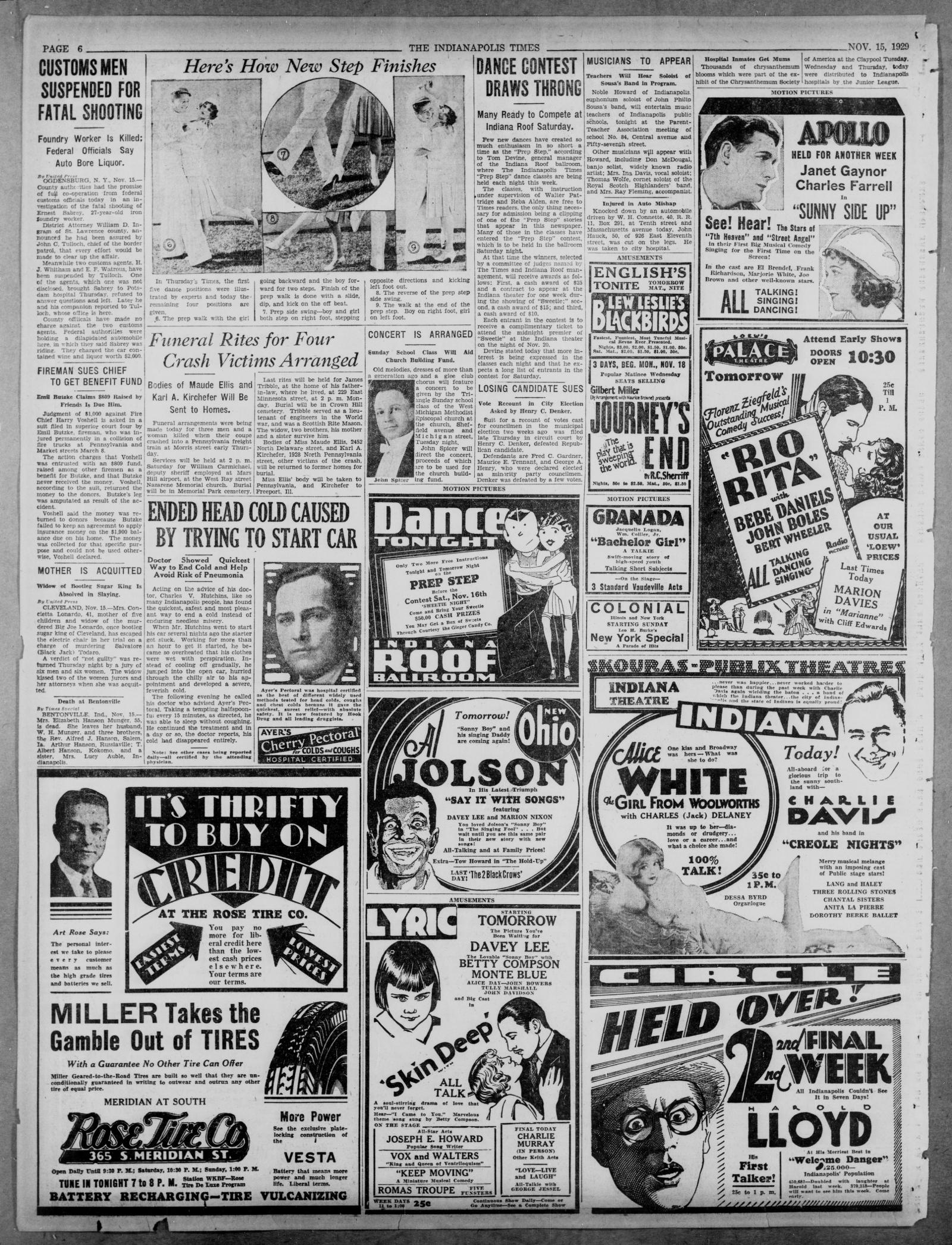 Page 6 of the Indianapolis Times, 15 November 1929, home edition, with the short item Mother Is Acquitted in the first column and theater advertisements at right