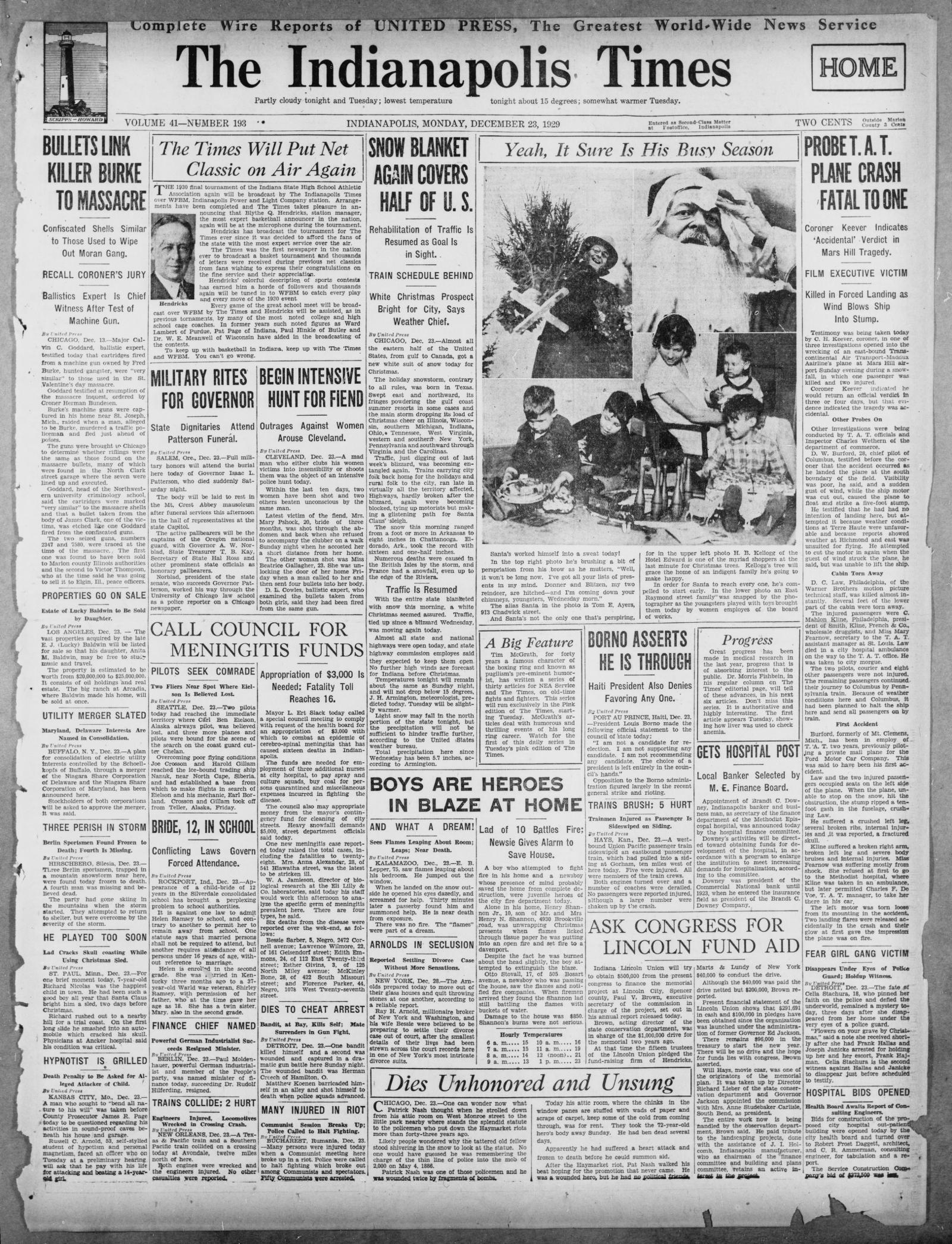 Front page of The Indianapolis Times, Indianapolis, Indiana, 23 December 1929