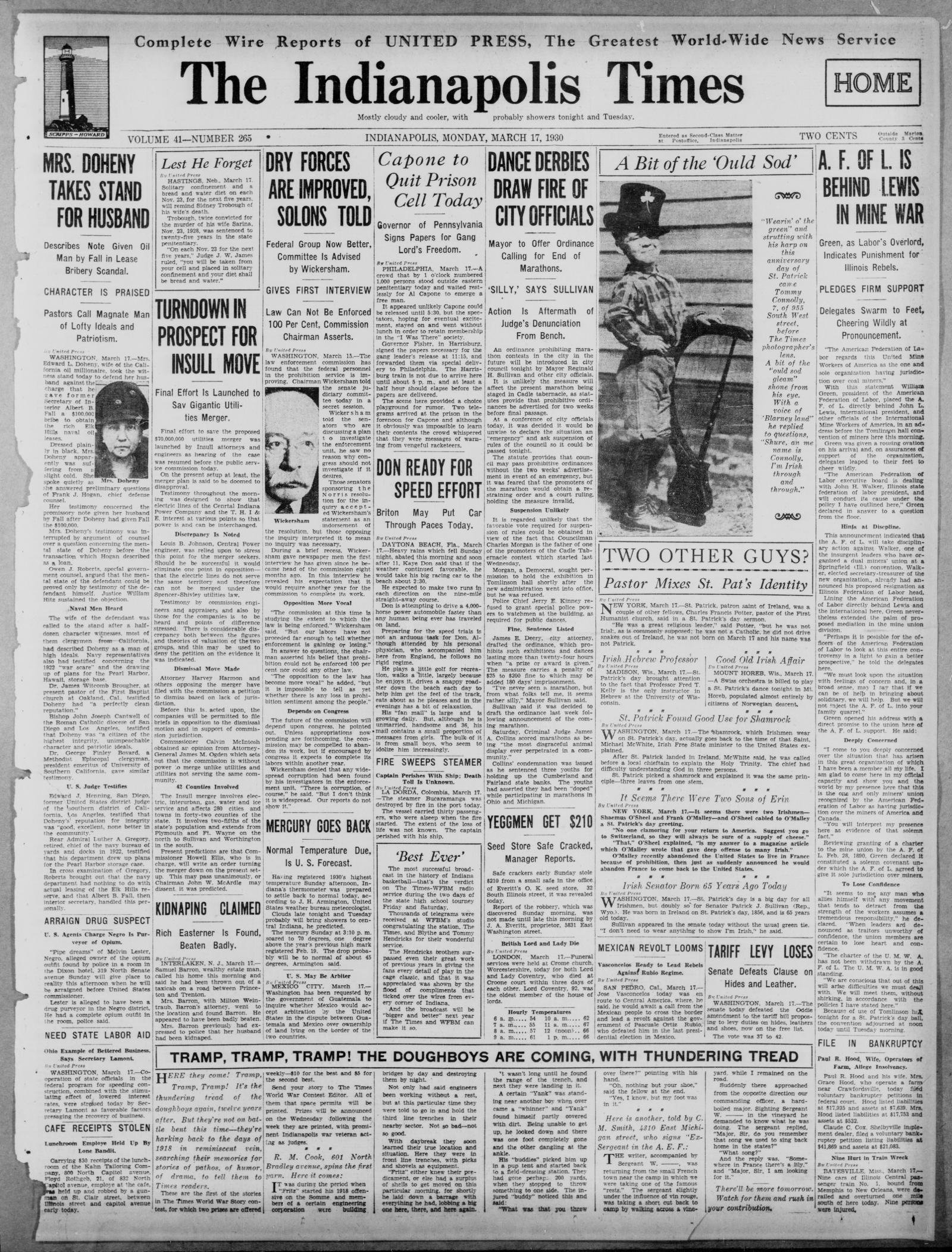Front page of The Indianapolis Times, Indianapolis, Indiana, 17 March 1930