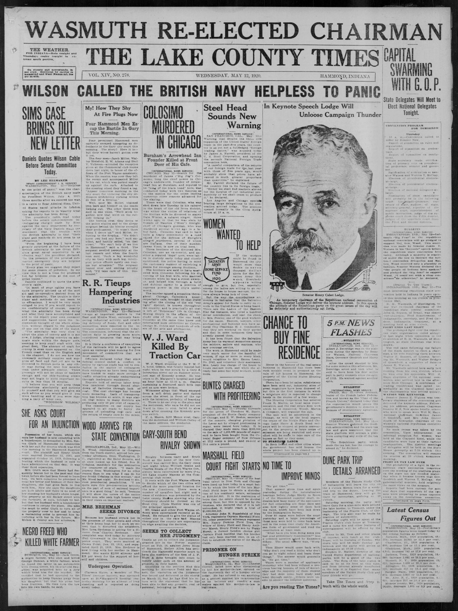 Front page of the Lake County Times, Hammond, Indiana, 12 May 1920