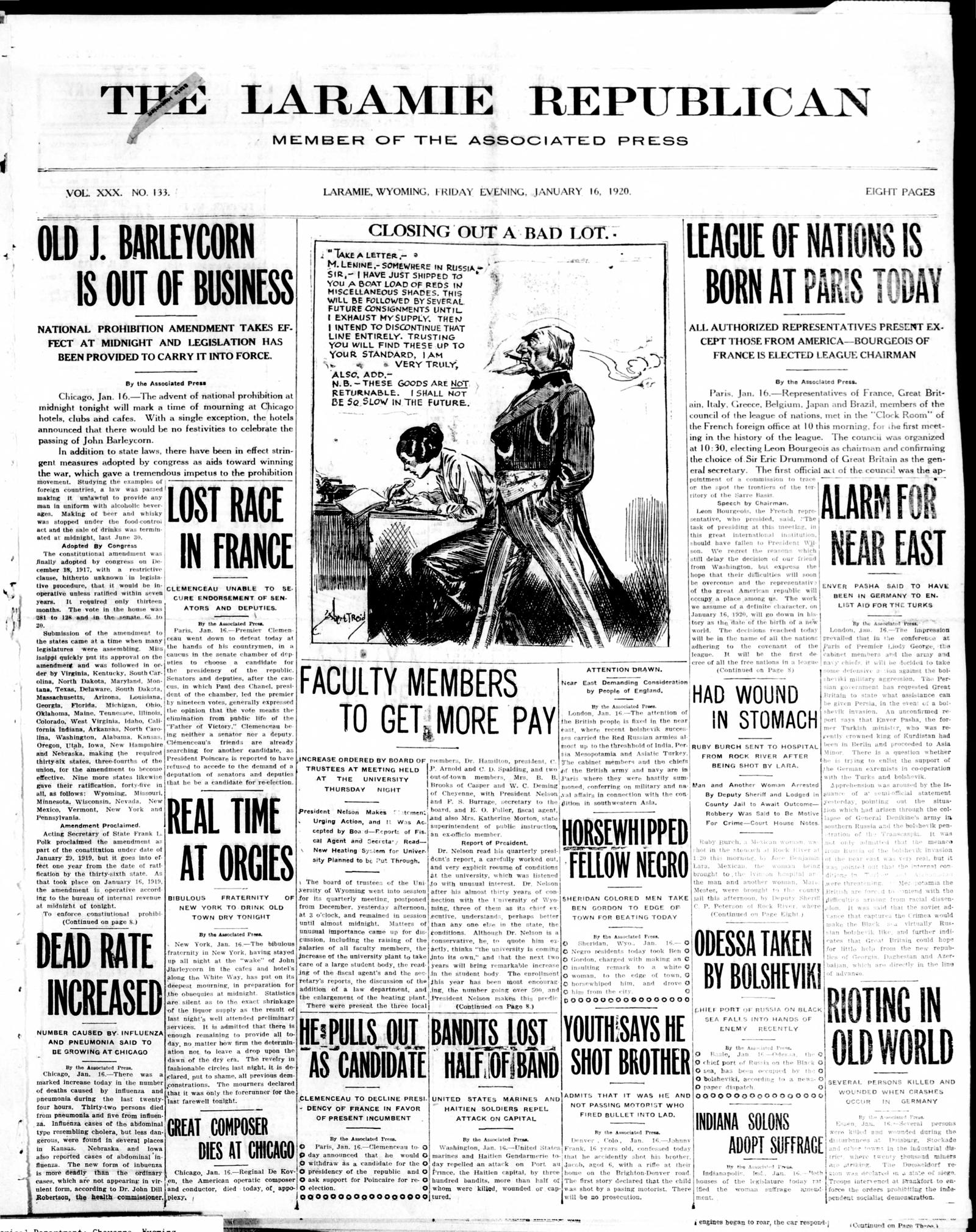 Front page of the Laramie Republican, Laramie, Wyoming, 16 January 1920