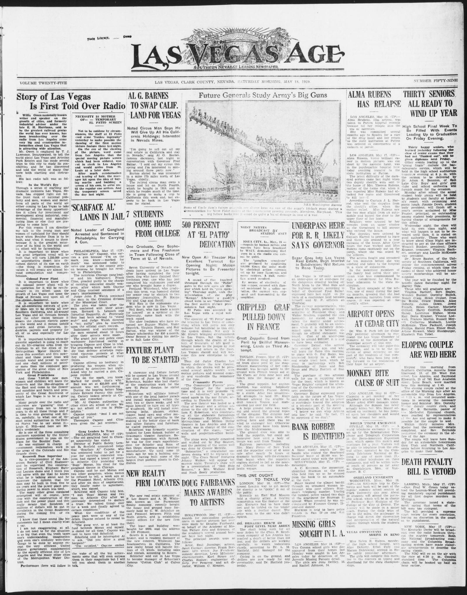 Front page of the Las Vegas Age, Las Vegas, Nevada, 18 May 1929