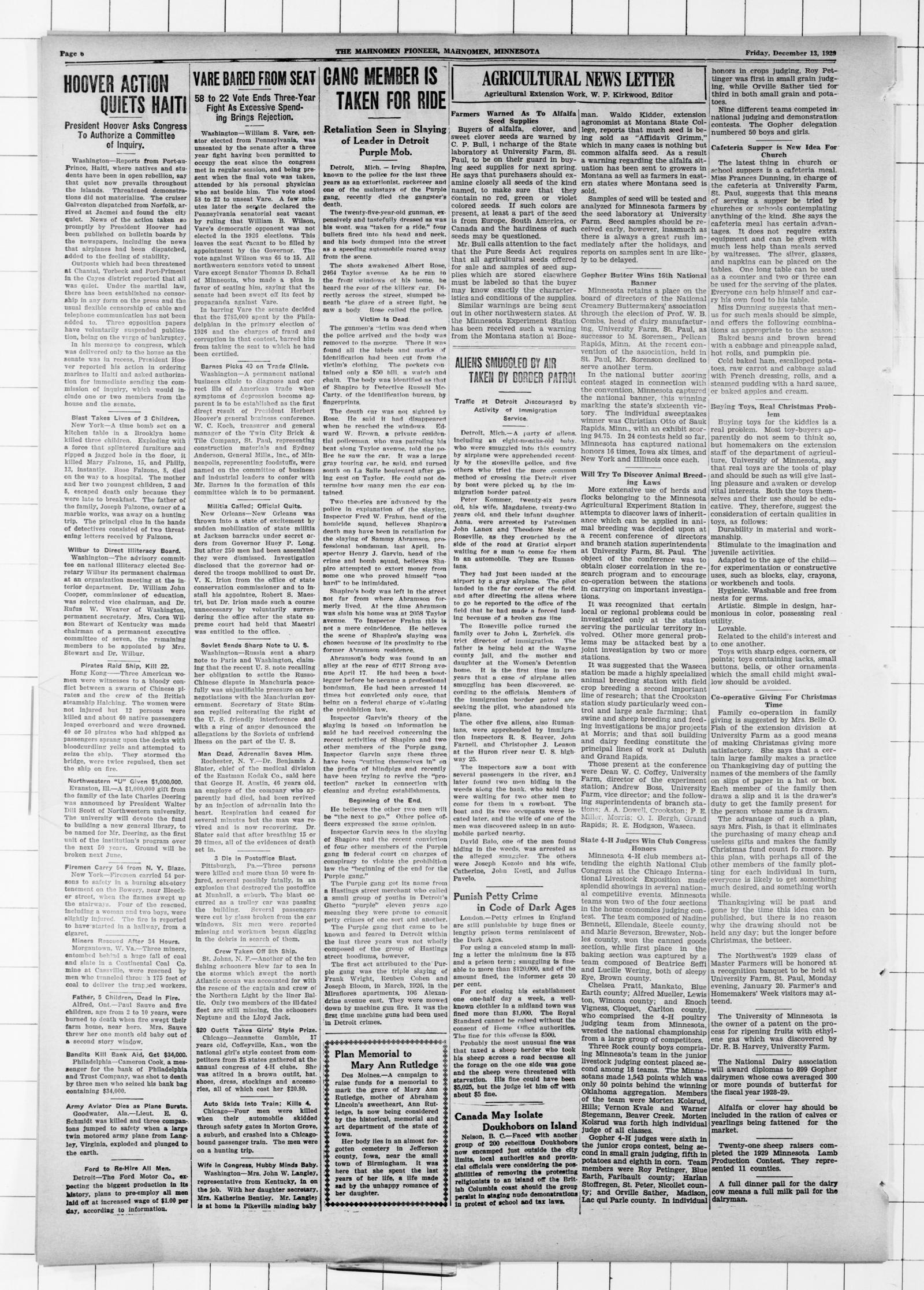 Page 2 of the Mahnomen Pioneer, Minnesota, 13 December 1929, with the column Gang Member Is Taken for Ride third from left