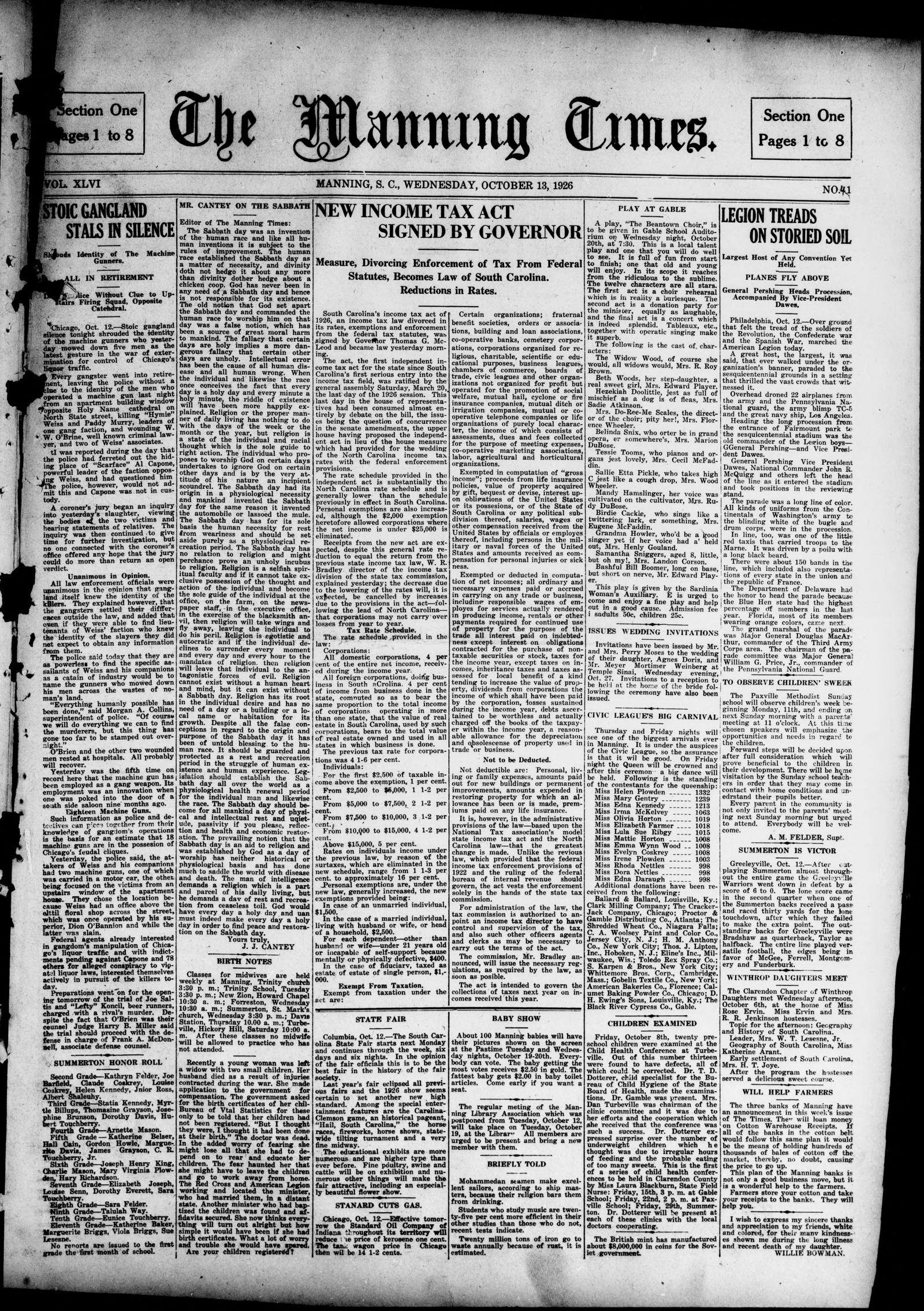 Front page of the Manning Times, Manning, South Carolina, 13 October 1926