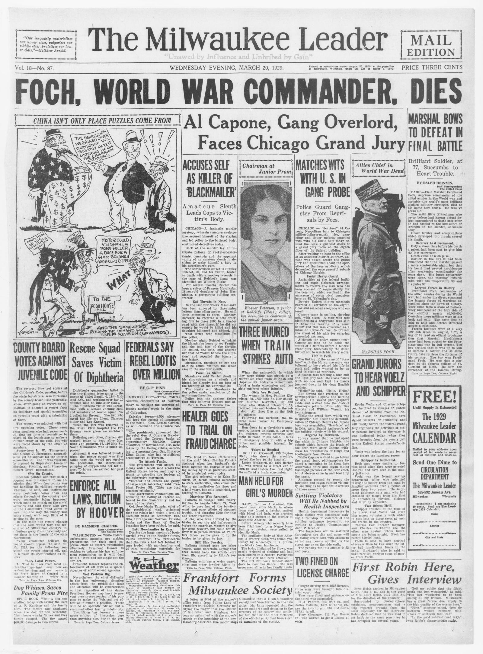 Front page of The Milwaukee Leader, Milwaukee, Wisconsin, 20 March 1929