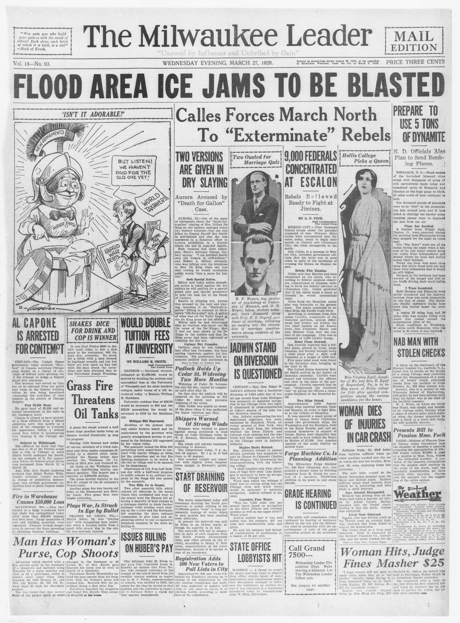 Front page of The Milwaukee Leader, Milwaukee, Wisconsin, 27 March 1929