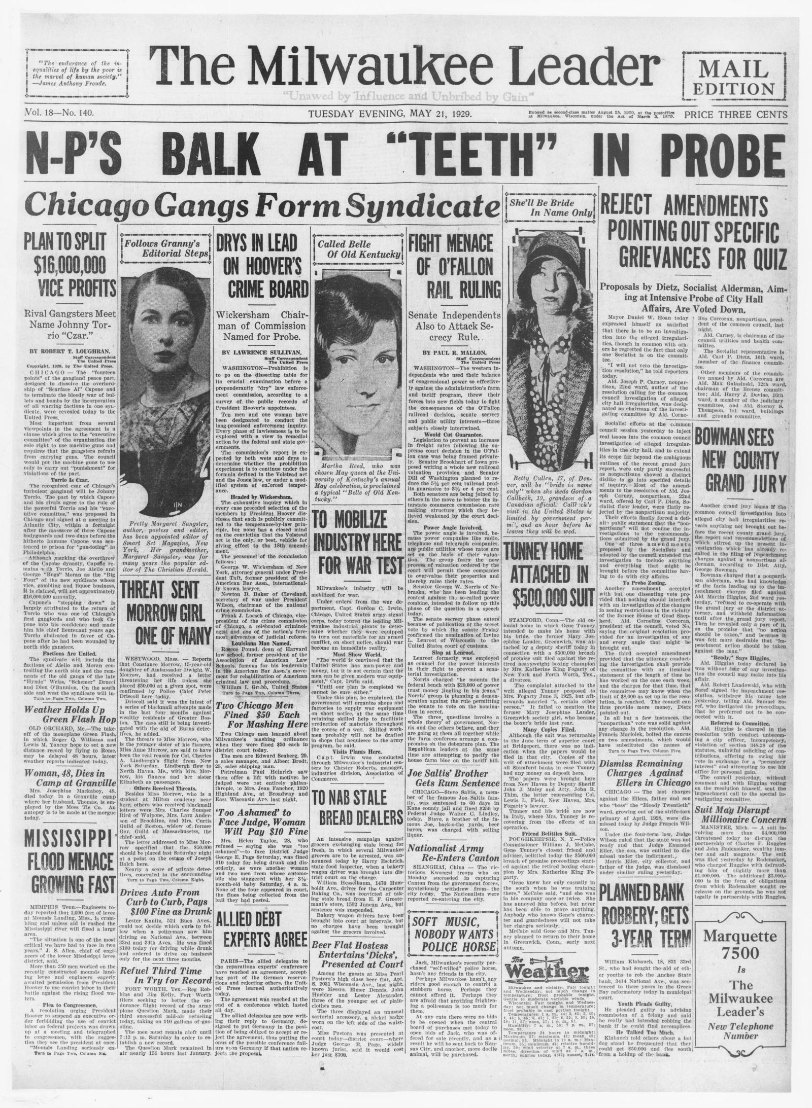 Front page of the Milwaukee Leader, Milwaukee, Wisconsin, 21 May 1929