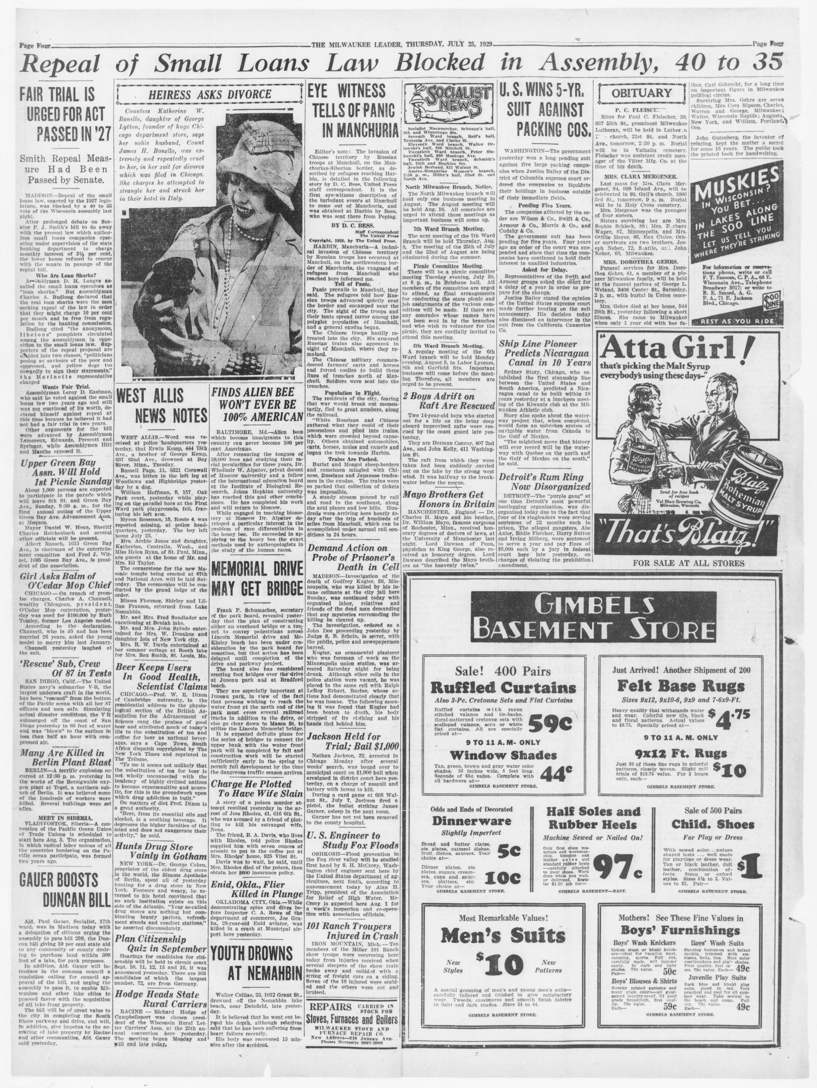 Page 4 of the Milwaukee Leader, 25 July 1929, mail edition, with the short item Detroit's Rum Ring Now Disorganized in the right-hand columns above a Gimbels advertisement