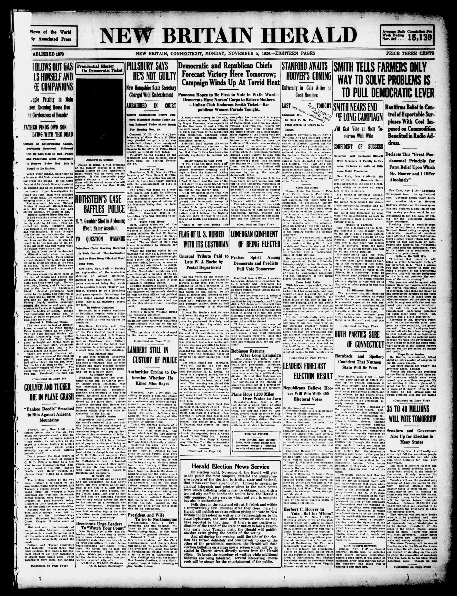 Front page of the New Britain Herald, New Britain, Connecticut, 5 November 1928