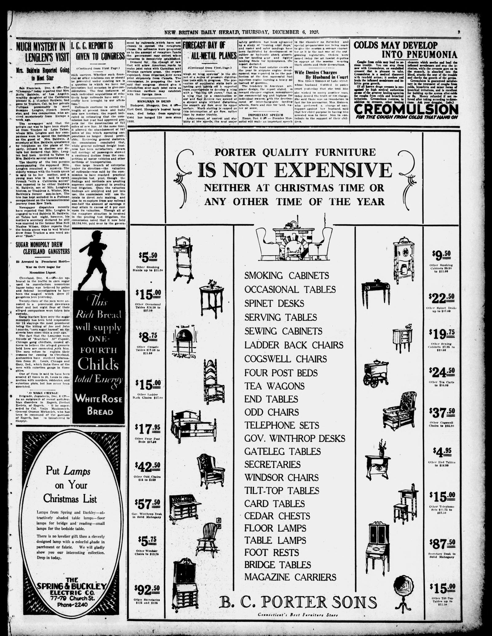 Page 3 of the New Britain Daily Herald, 6 December 1928, with the item Sugar Monopoly Drew Cleveland Gangsters in the first column beside a large furniture advertisement