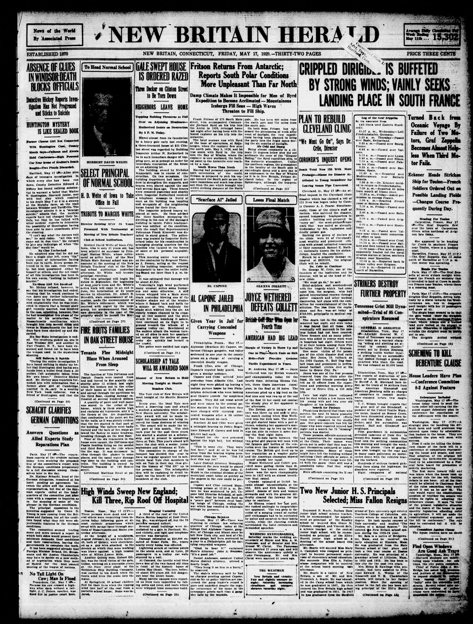Front page of the New Britain Herald, 17 May 1929, with a photograph captioned Al Capone under the label Scarface Al Jailed and the headline Al Capone Jailed in Philadelphia, beside stories on the Graf Zeppelin and a golf final.