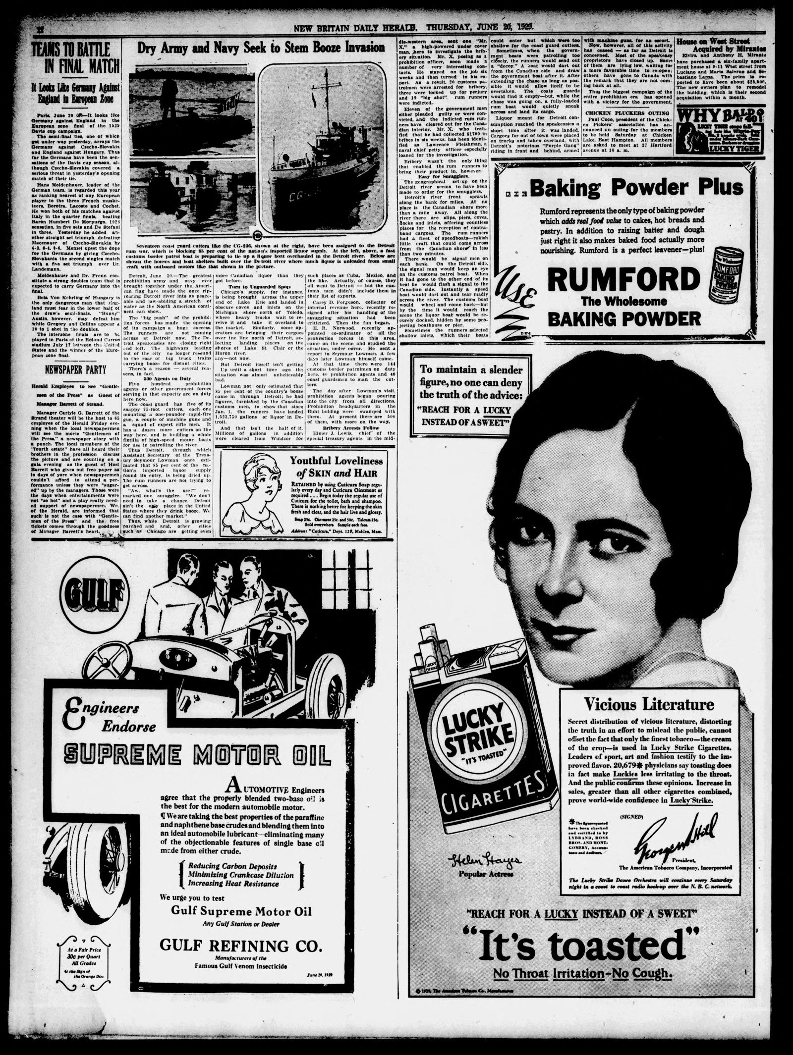 Page 12 of the New Britain Daily Herald, 20 June 1929, with photographs of Coast Guard boats under the headline Dry Army and Navy Seek to Stem Booze Invasion, and large cigarette and motor oil advertisements