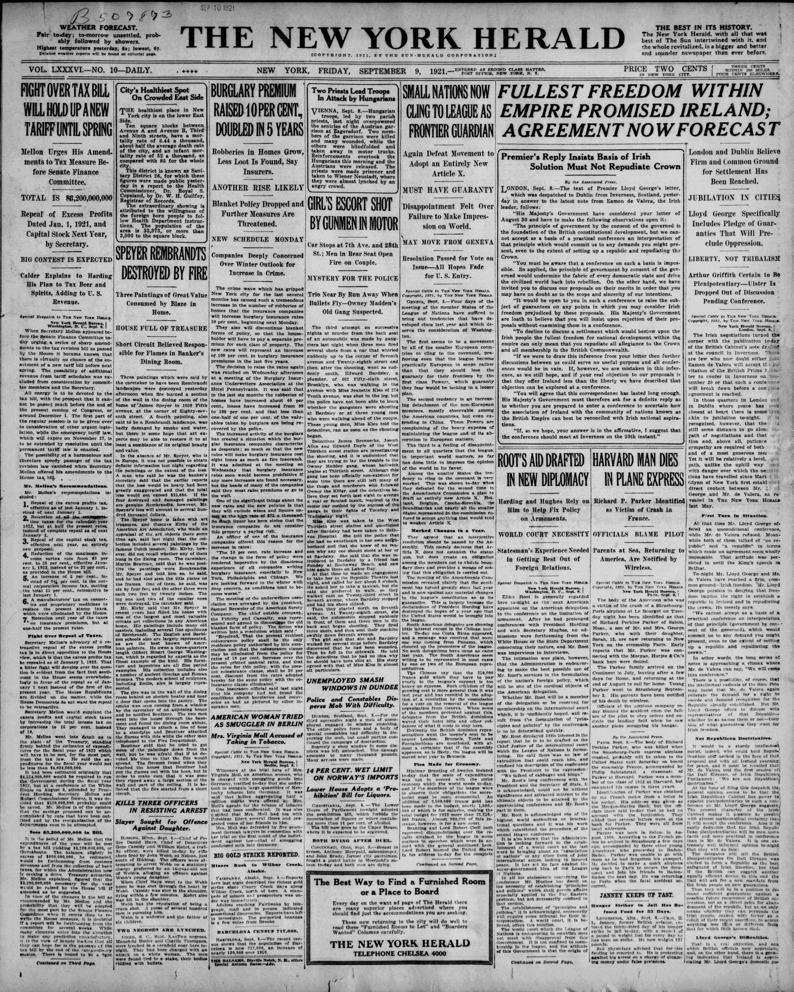 Front page of The New York Herald, Friday, September 9, 1921, with the Irish negotiations as the lead story at right; the shooting story is in the fourth column under the headline Girl's Escort Shot by Gunmen in Motor