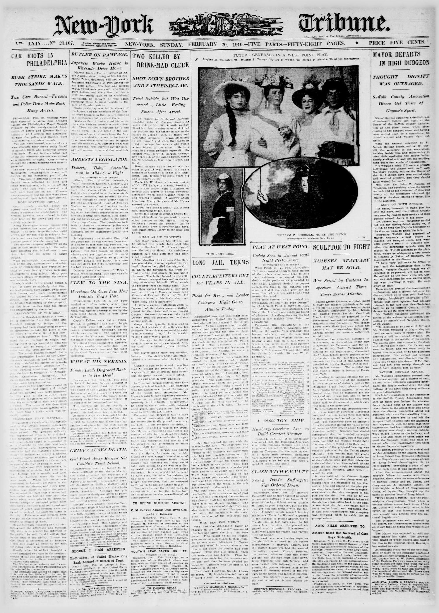 Front page of the New-York Tribune, 20 February 1910; the counterfeiting story 'Long Jail Terms' runs at the foot of the centre column.