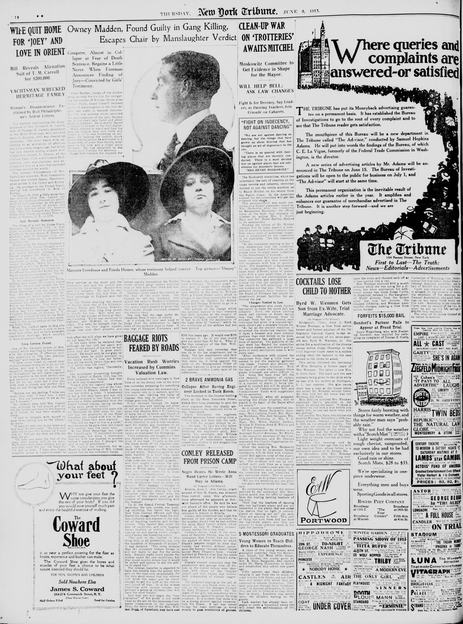 Page 14 of the New-York Tribune, Thursday, June 3, 1915: across the upper left, the headline Owney Madden, Found Guilty in Gang Killing, Escapes Chair by Manslaughter Verdict, over a photograph of Madden in profile above two young women in hats; advertisements fill the right side of the page