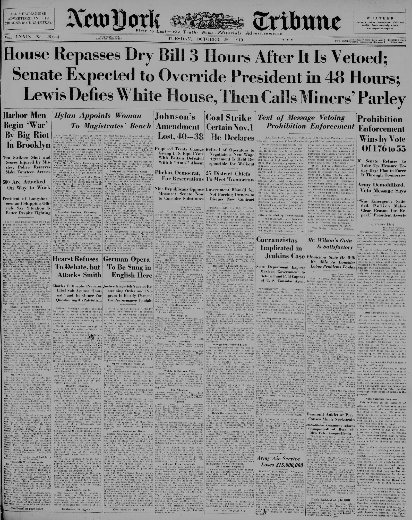 Front page of the New-York Tribune, New York, 28 October 1919