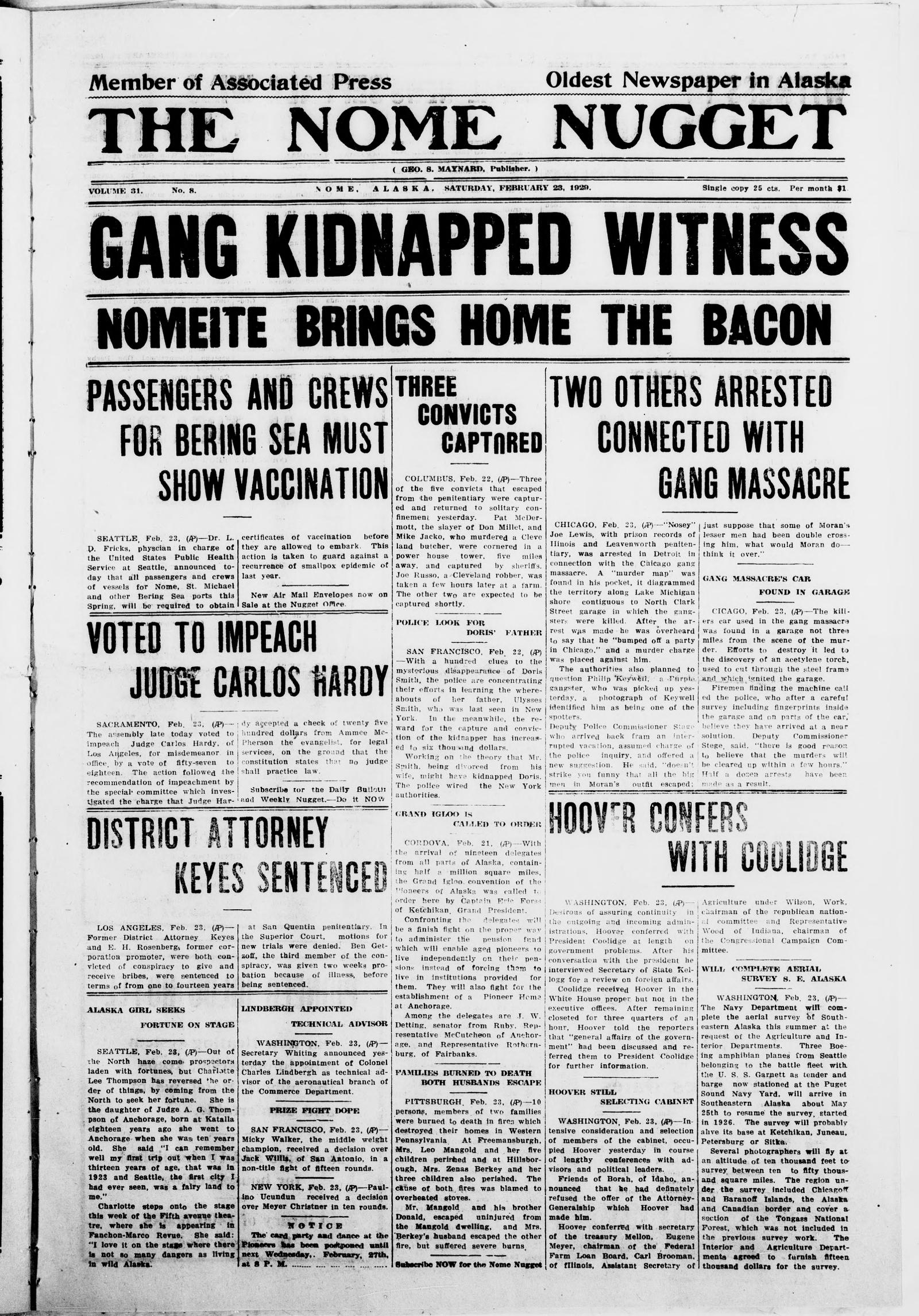 Front page of The Nome Nugget, Nome, Alaska, 23 February 1929