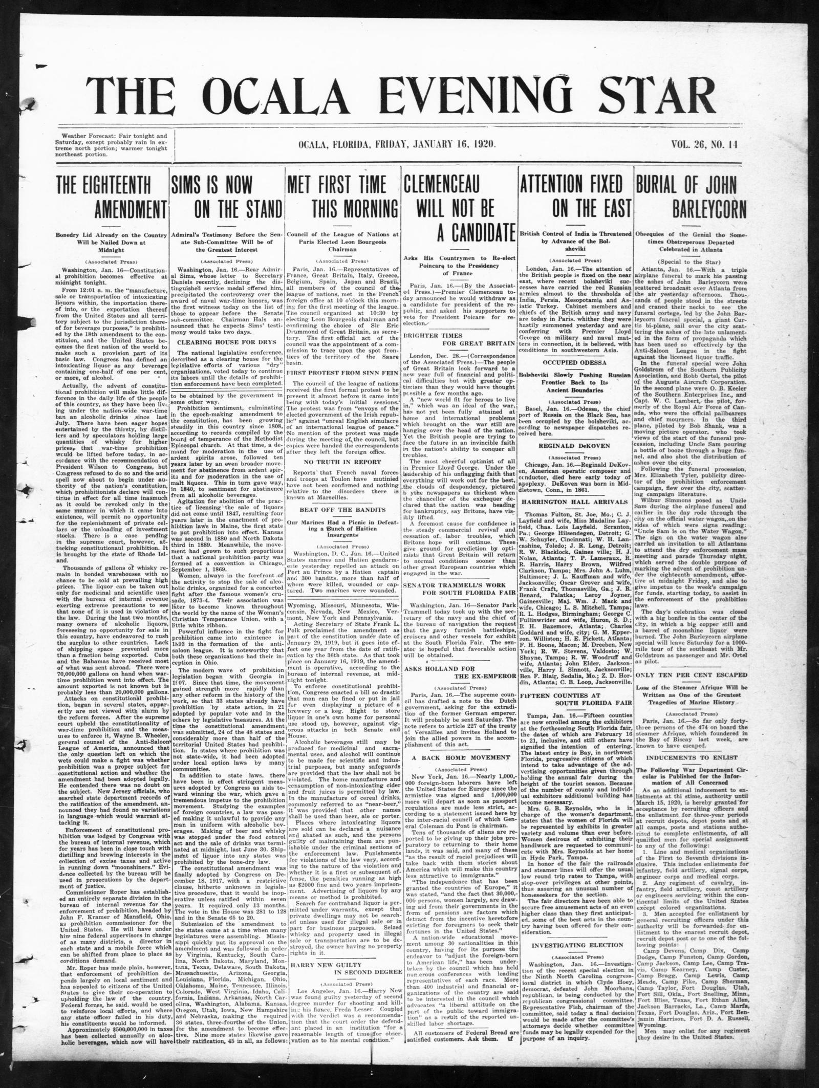 Front page of the Ocala Evening Star, Ocala, Florida, 16 January 1920