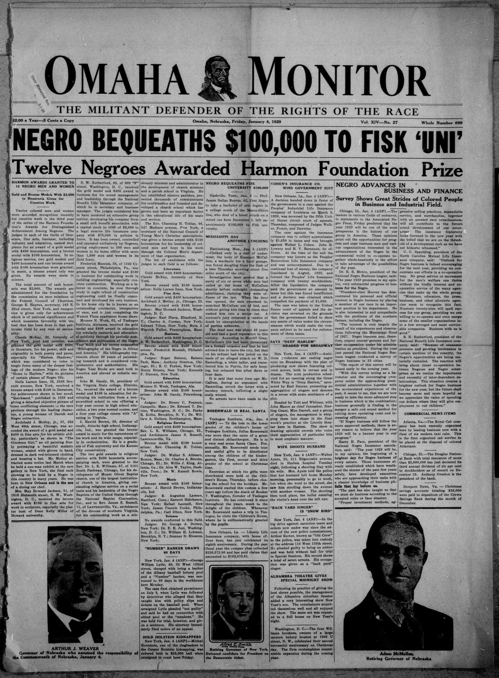 Front page of the Omaha Monitor, Friday, 4 January 1929, under the banners Negro Bequeaths 100,000 Dollars to Fisk Uni and Twelve Negroes Awarded Harmon Foundation Prize; the short Holstein item is at the foot of the third column, beside a photograph of Alfred E. Smith
