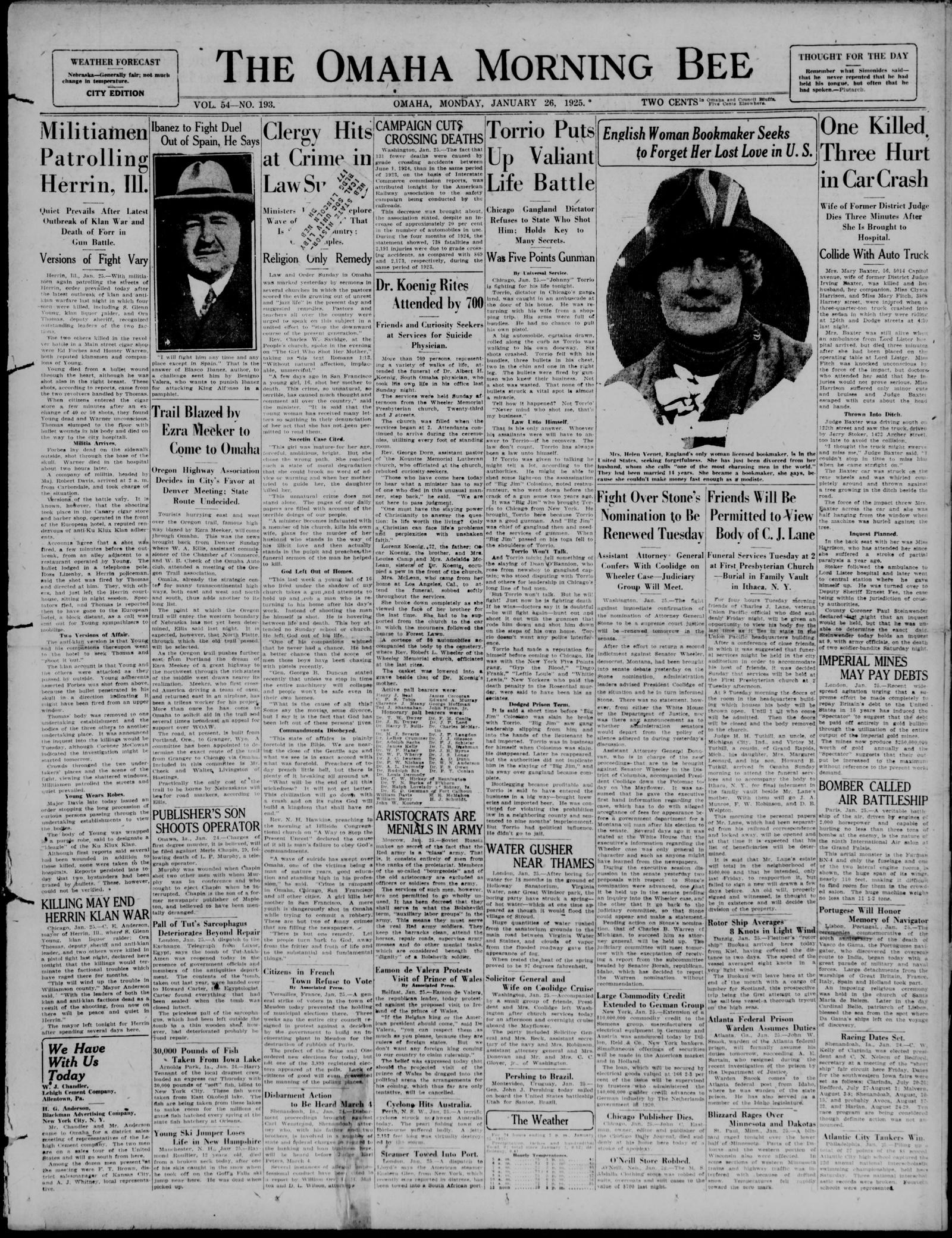 Front page of the Omaha Morning Bee, Omaha, Nebraska, 26 January 1925