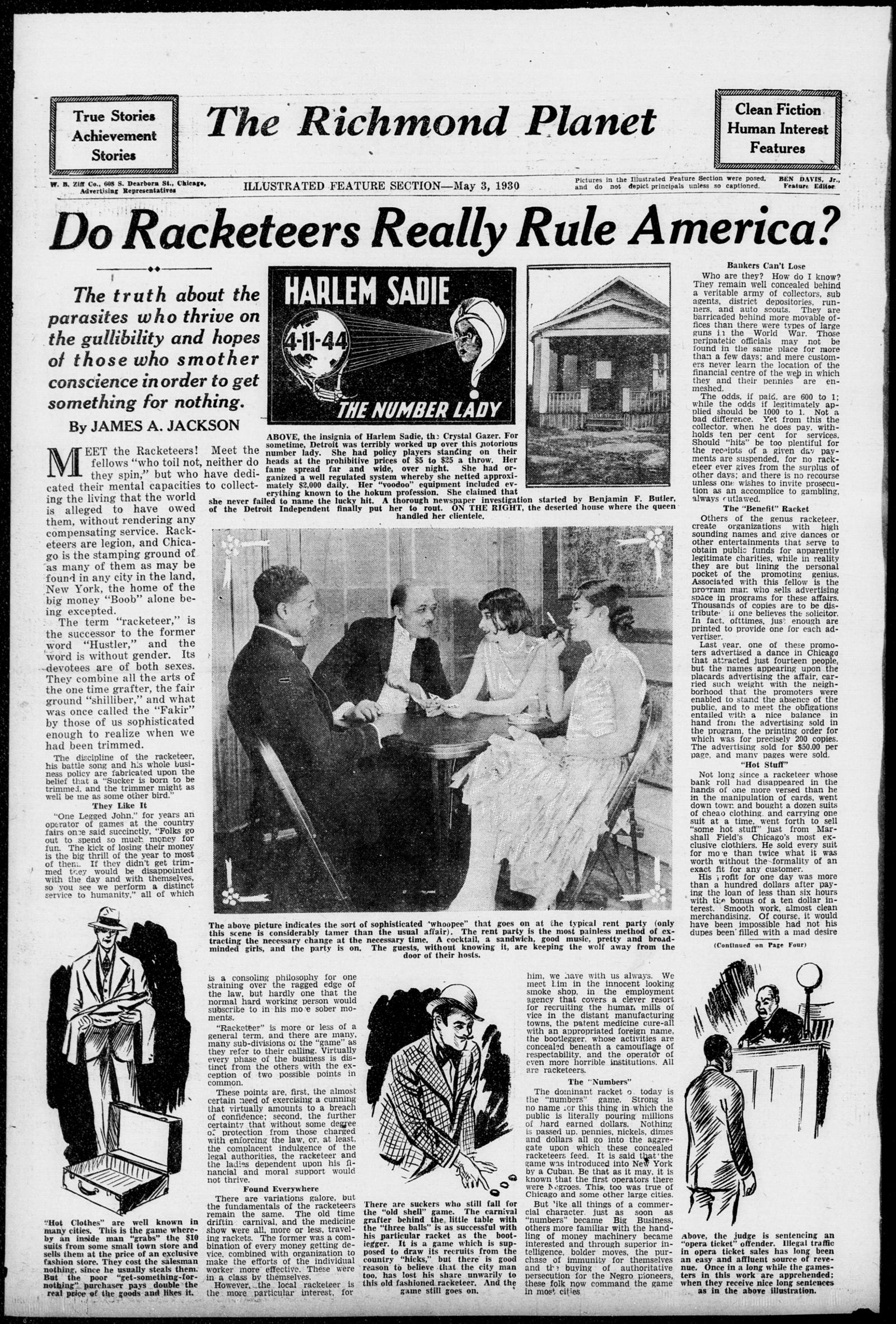 First page of the Richmond Planet's Illustrated Feature Section, 3 May 1930, headed Do Racketeers Really Rule America?, with a Harlem Sadie the Number Lady sign, a photograph of a frame house, a posed photograph of two men and two women at a card table, and pen drawings of a salesman, a card sharper and a courtroom