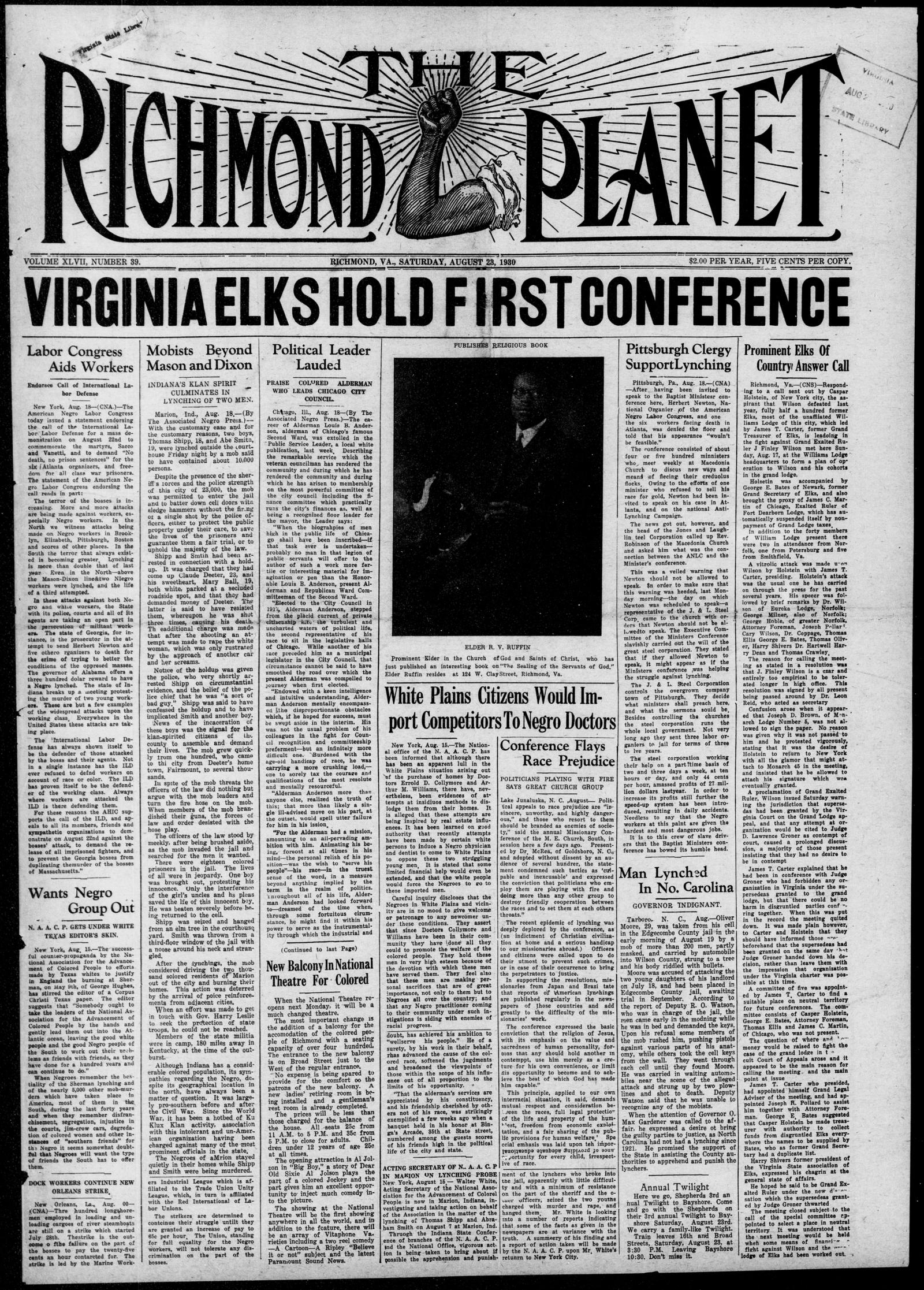 Front page of The Richmond Planet, Saturday, 23 August 1930, under the banner Virginia Elks Hold First Conference, with a photograph of Elder R. V. Ruffin in the centre; the Holstein story, headed Prominent Elks Of Country Answer Call, is in the right-hand column