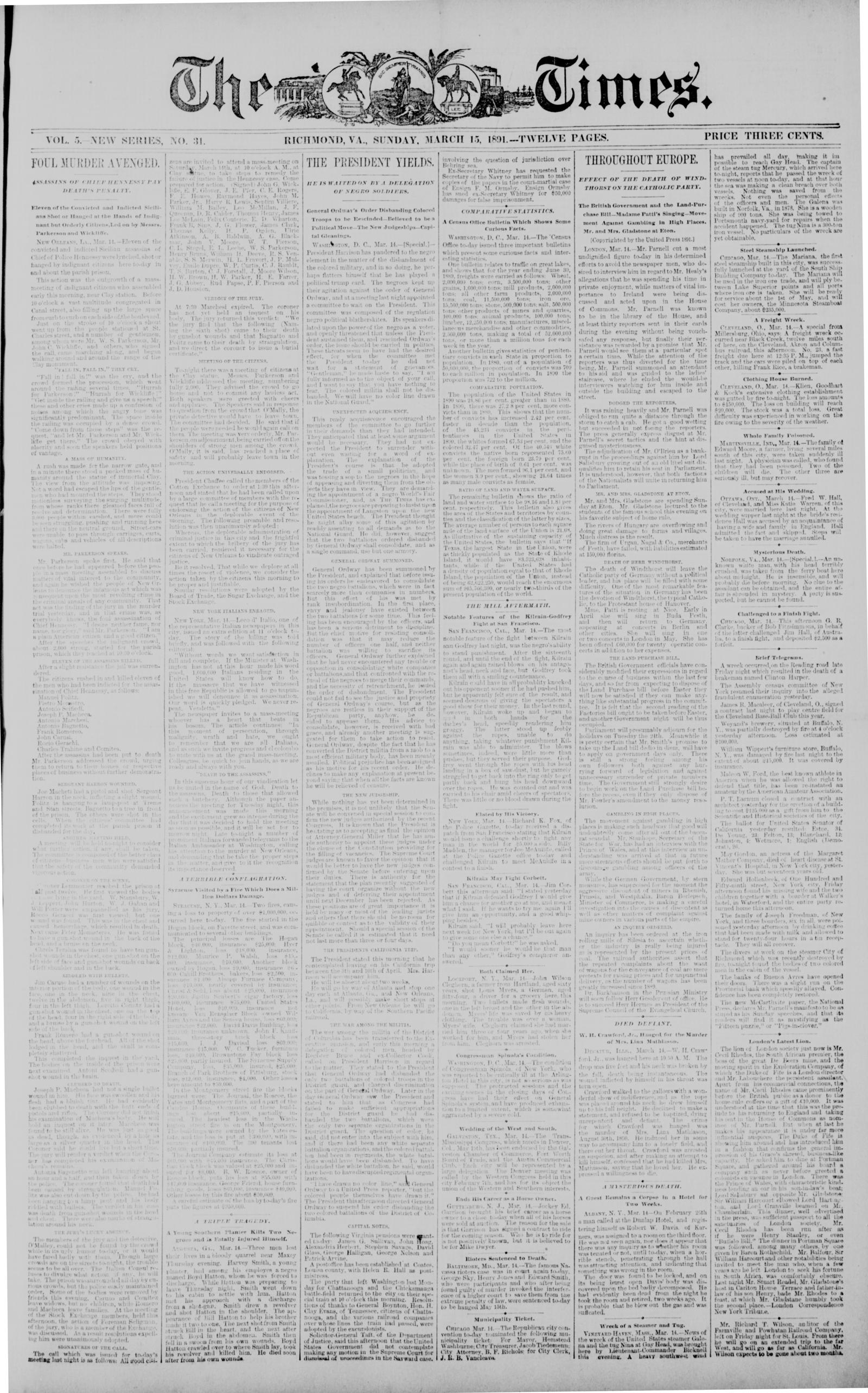 Front page of the Richmond Times, Richmond, Virginia, 15 March 1891