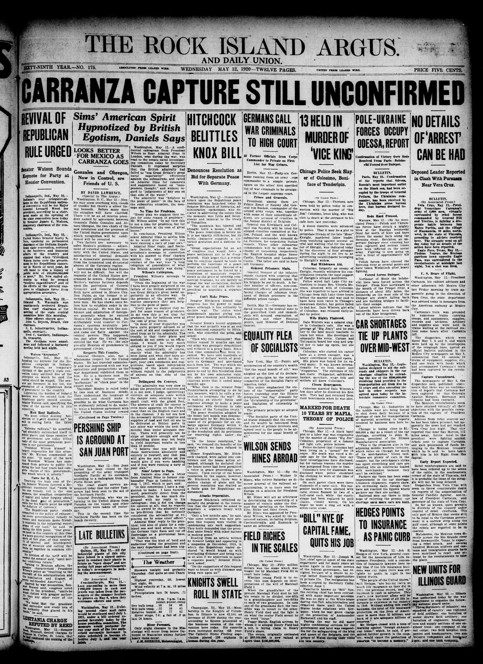 Front page of the Rock Island Argus, Rock Island, Illinois, 12 May 1920