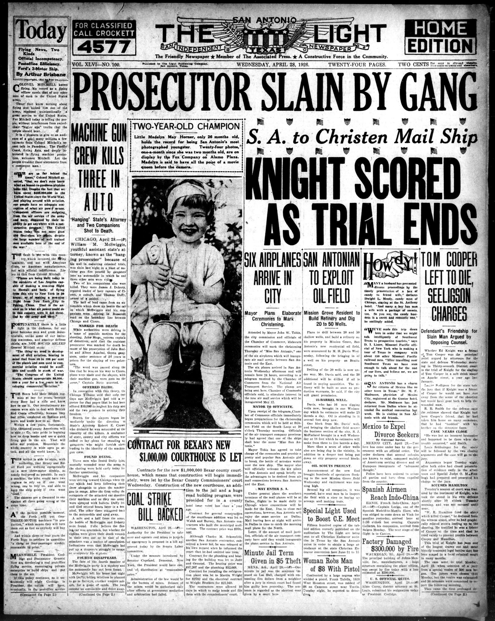 Front page of the San Antonio Light, San Antonio, Texas, 28 April 1926