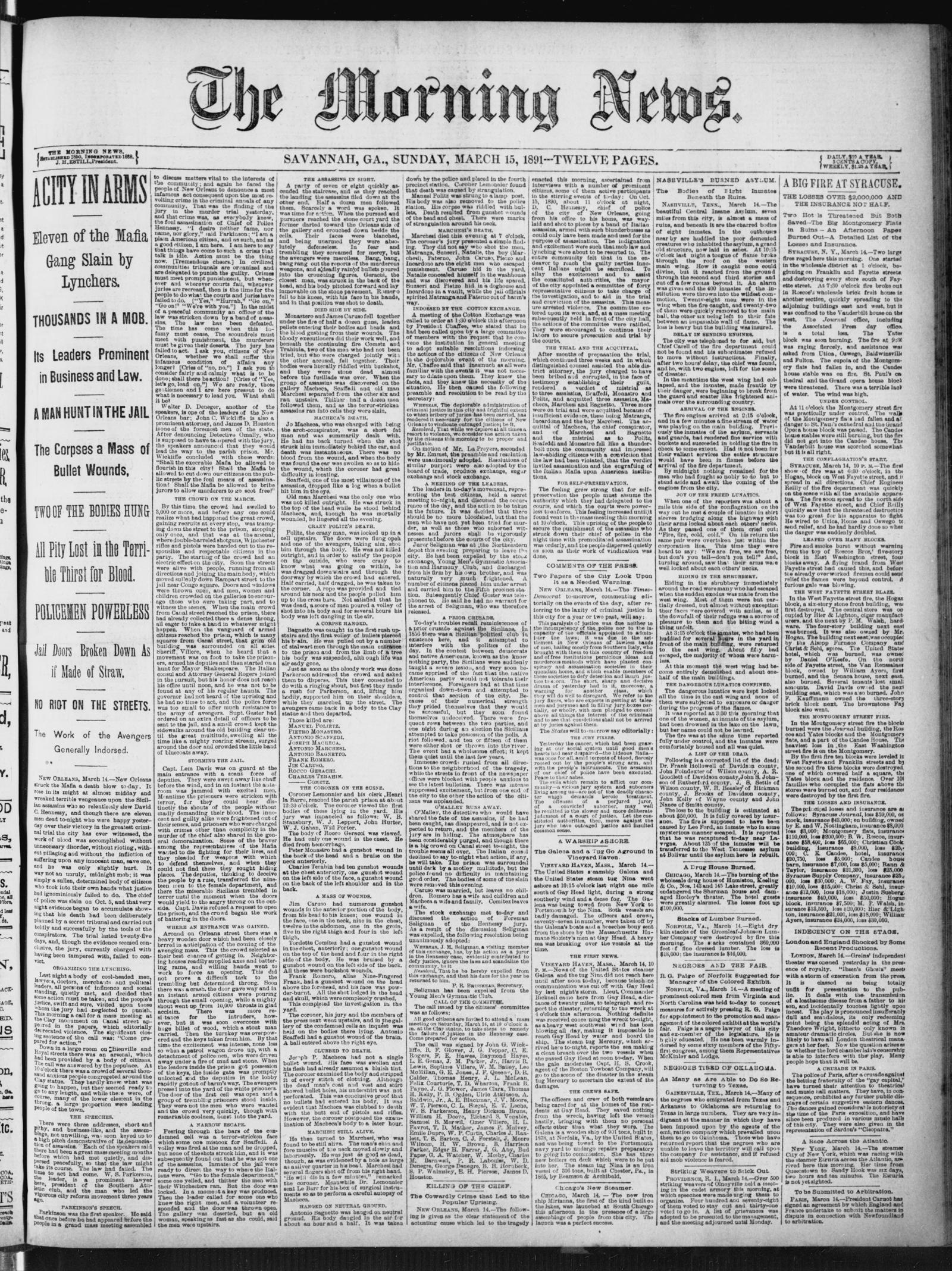 Front page of the Savannah Morning News, Savannah, Georgia, 15 March 1891