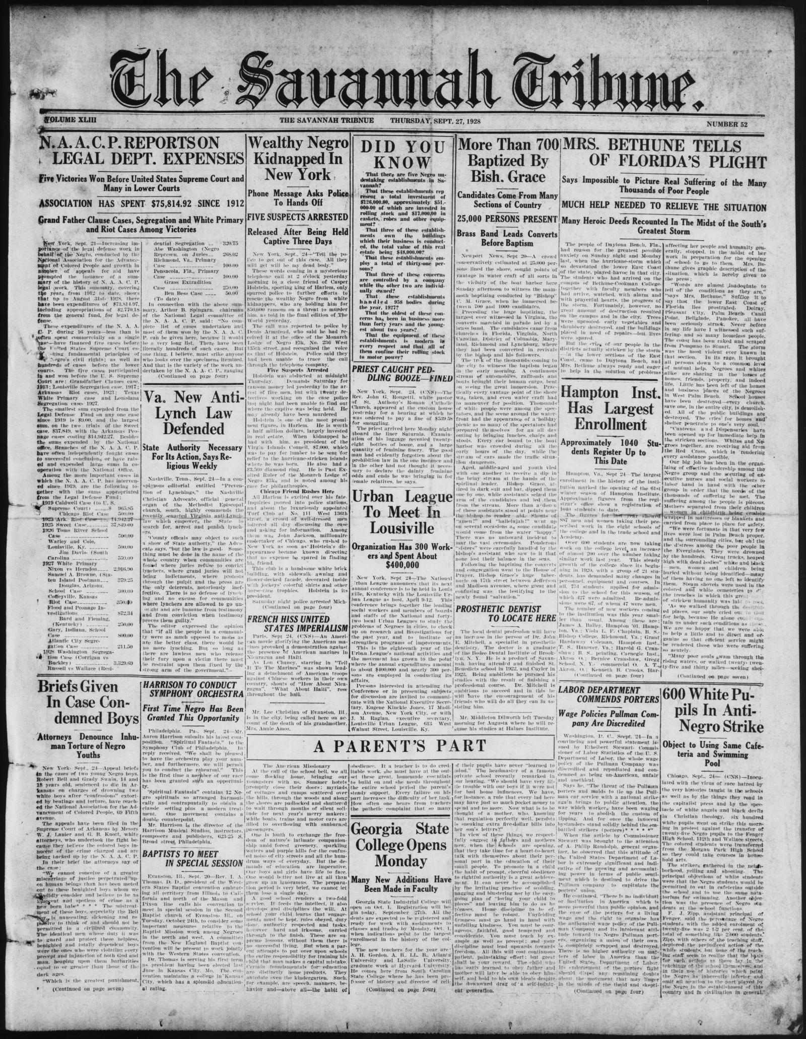 Front page of The Savannah Tribune, Thursday, 27 September 1928; the kidnapping story, headed Wealthy Negro Kidnapped In New York, runs in the second column from the left, beside a box headed Did You Know