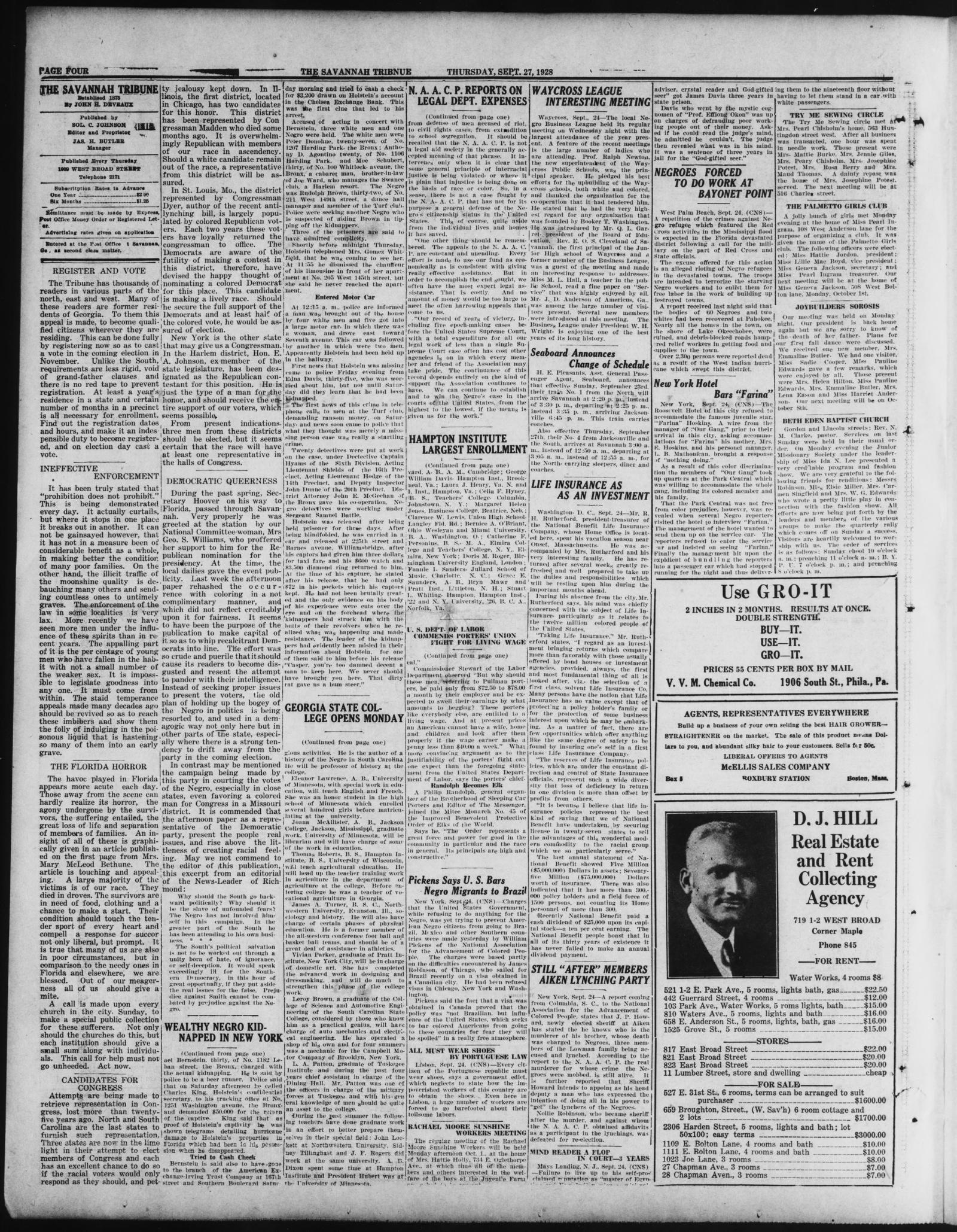 Page four of The Savannah Tribune, 27 September 1928, with editorials in the left columns; the continuation headed Wealthy Negro Kidnapped In New York is at the foot of the second column and runs into the third