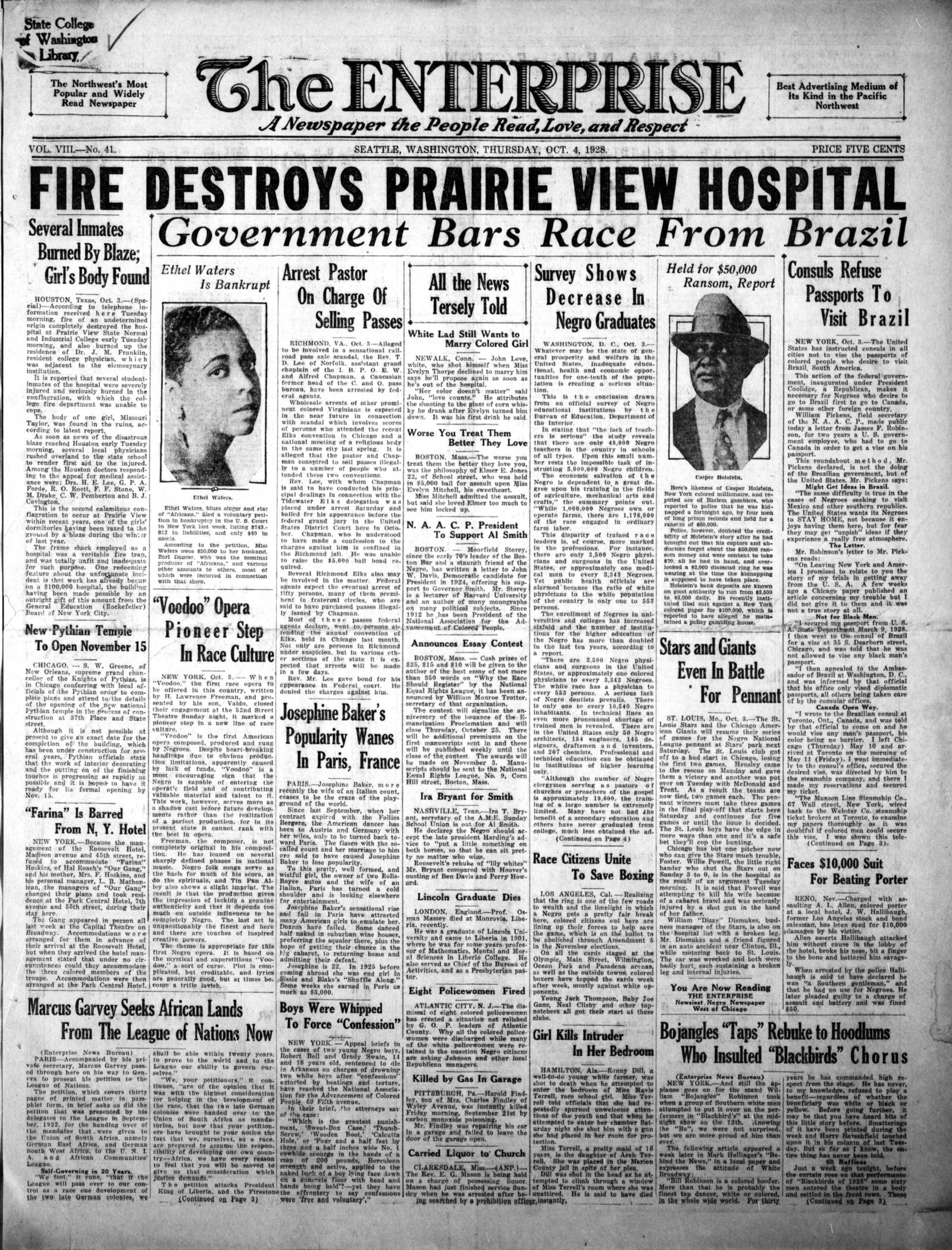 Front page of The Enterprise, Seattle, Thursday, 4 October 1928, under the banner Fire Destroys Prairie View Hospital; at upper right a framed head-and-shoulders photograph of a man in a hat and tie, captioned Casper Holstein, under the heading Held for 50,000 Dollars Ransom, Report