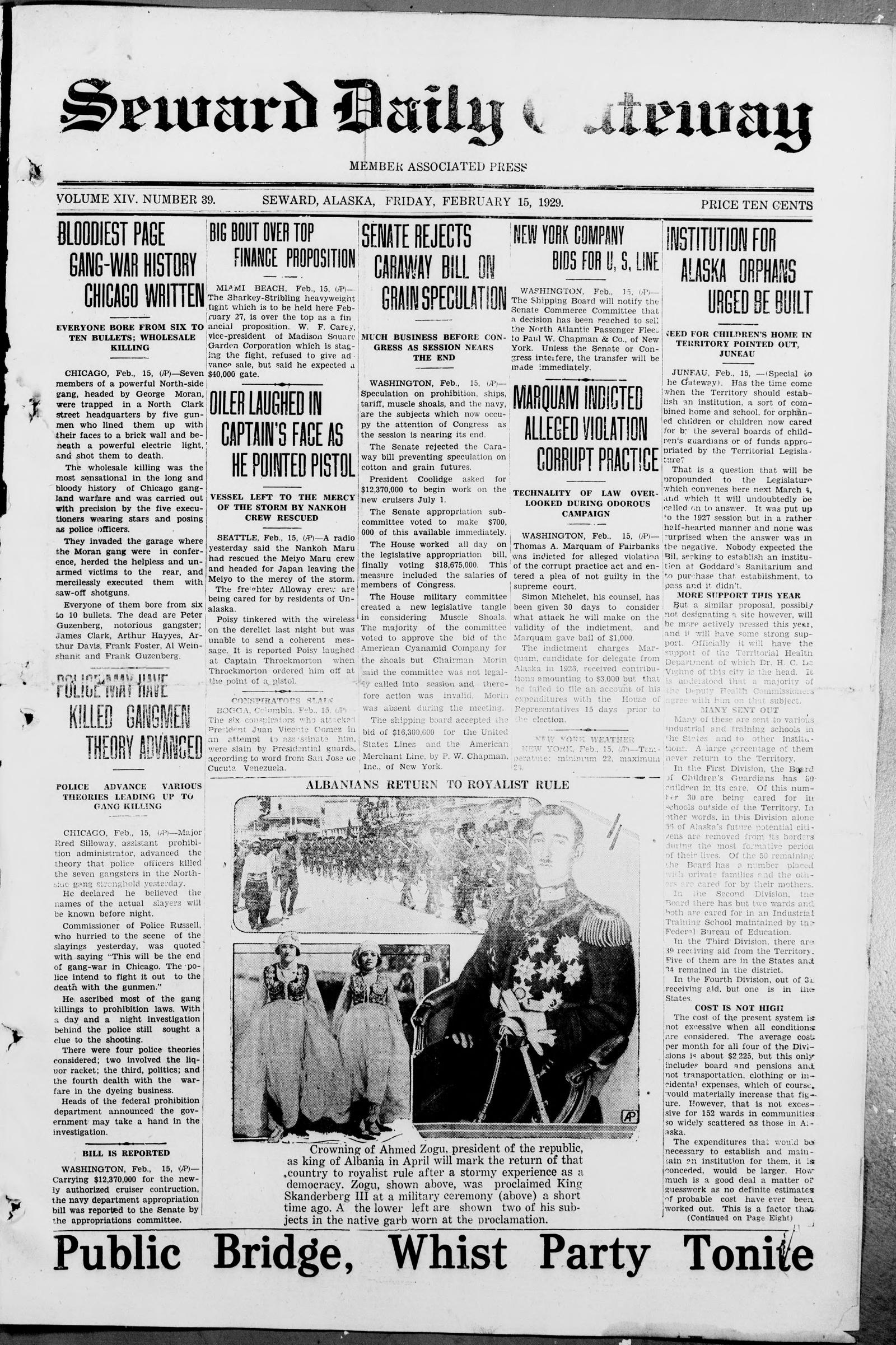 Front page of the Seward Daily Gateway, Seward, Alaska, 15 February 1929