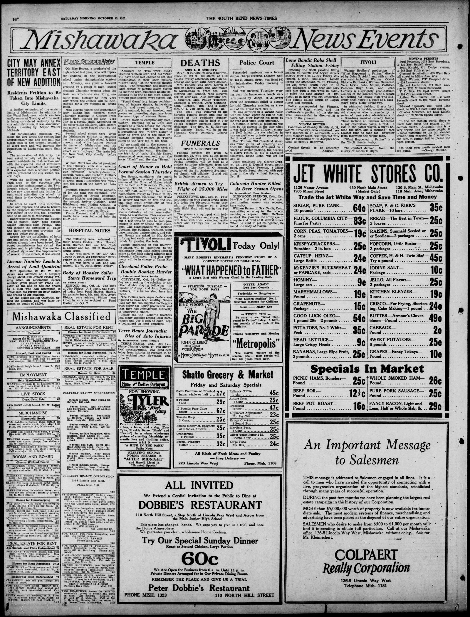 Page 16 of the Mishawaka News Events section of the South Bend News-Times, 15 October 1927, with the item Cleveland Police Probe Double Bootleg Murder in the third column