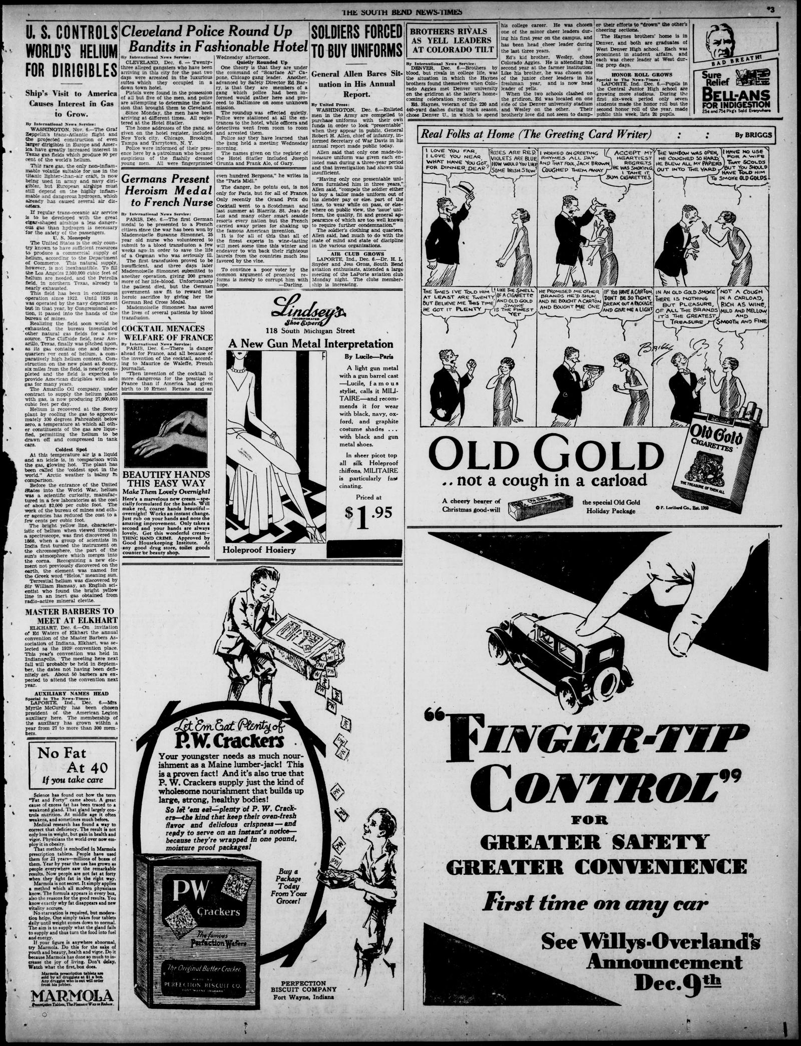 Page 3 of a section of the South Bend News-Times, 7 December 1928, with the item Cleveland Police Round Up Bandits in Fashionable Hotel near the top of the second column and a comic strip at right