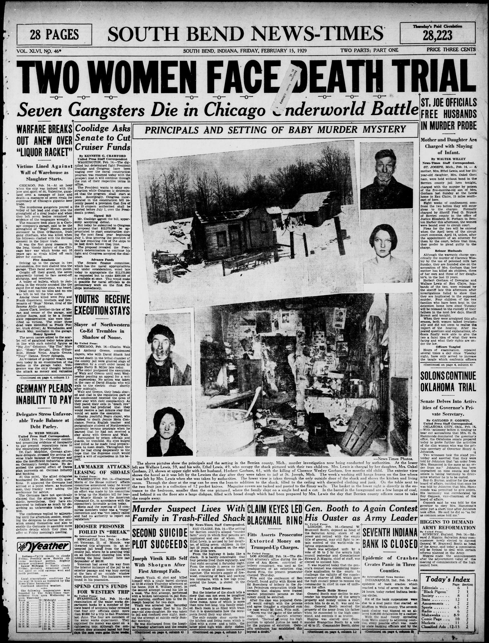 Front page of the South Bend News-Times, South Bend, Indiana, 15 February 1929
