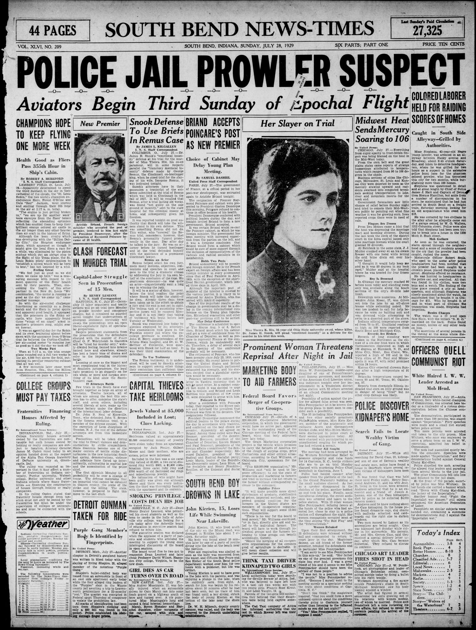 Front page of the South Bend News-Times, Sunday 28 July 1929, with the item Detroit Gunman Taken for Ride in the lower left columns