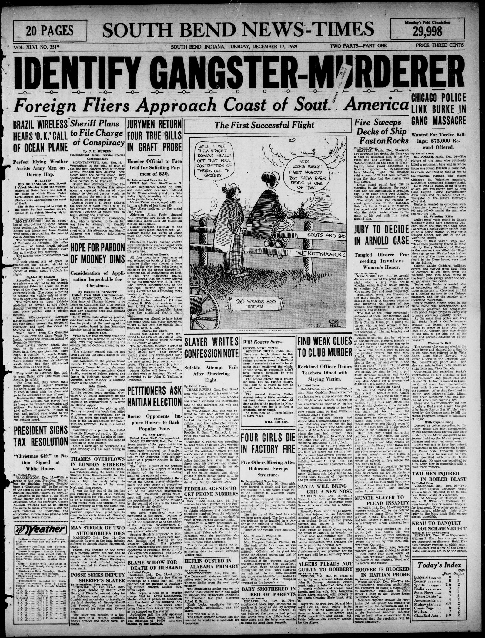 Front page of the South Bend News-Times, South Bend, Indiana, 17 December 1929
