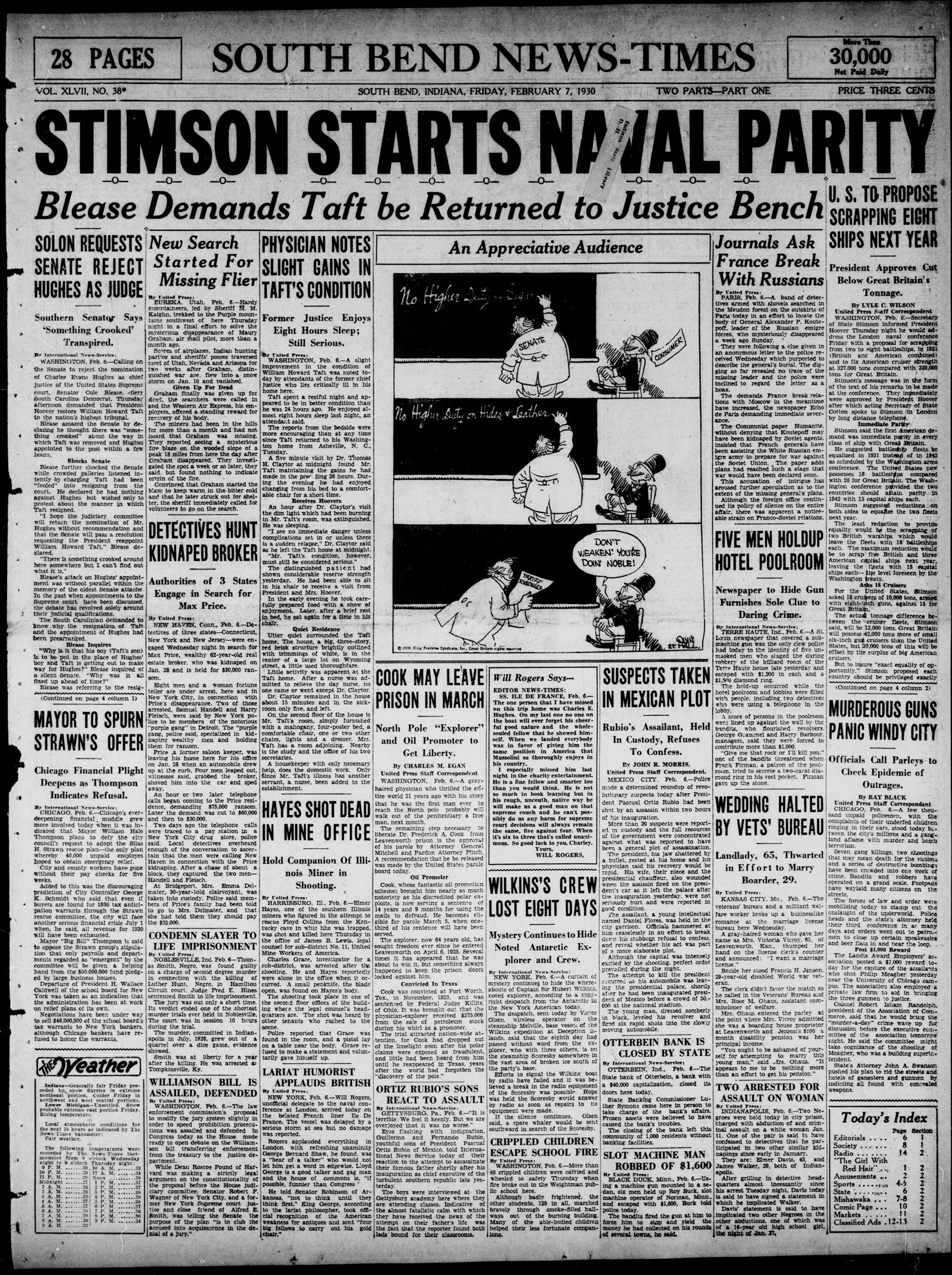 Front page of the South Bend News-Times, 7 February 1930, with the item Detectives Hunt Kidnaped Broker in the second column