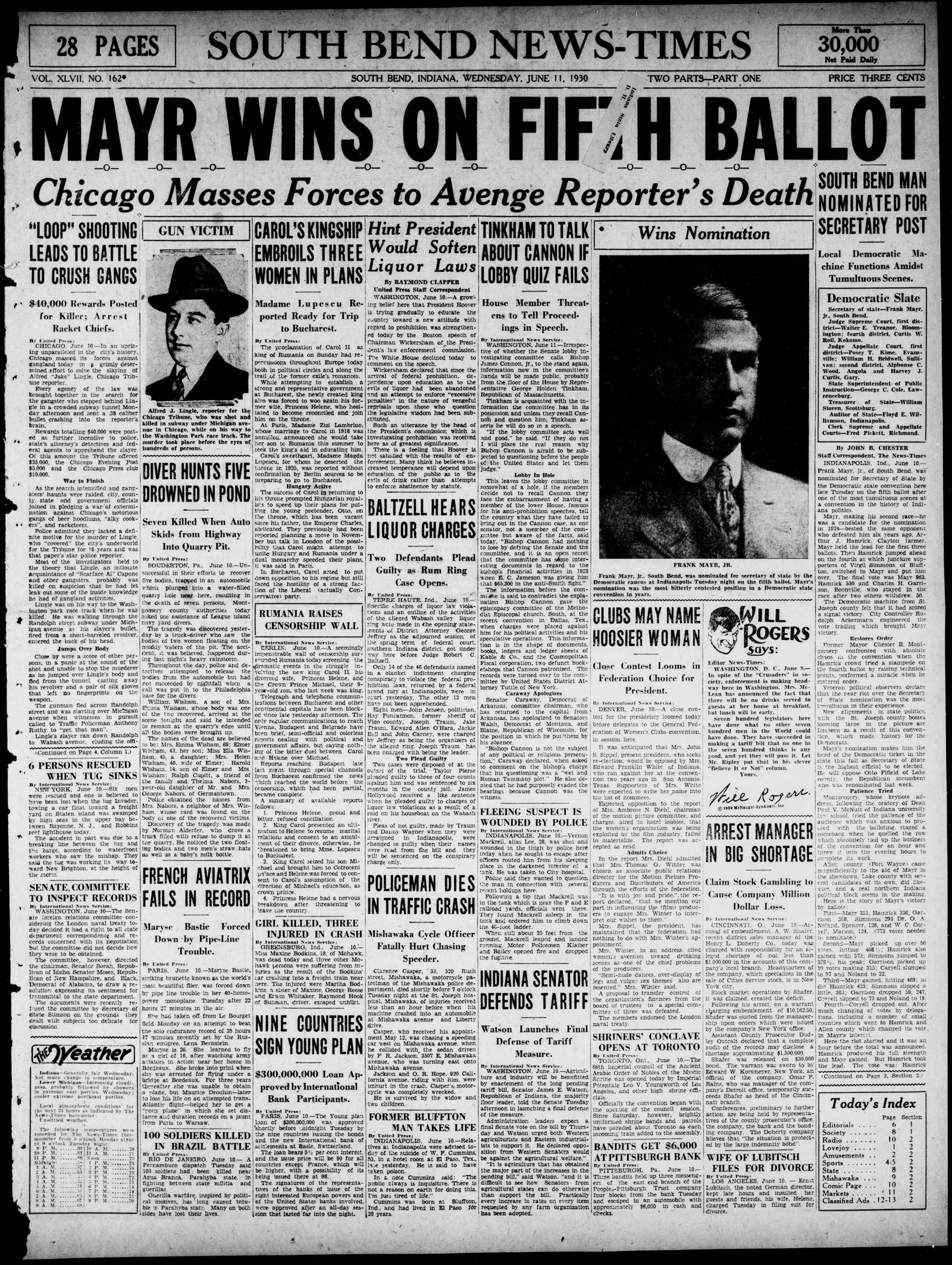 Front page of the South Bend News-Times, South Bend, Indiana, 11 June 1930