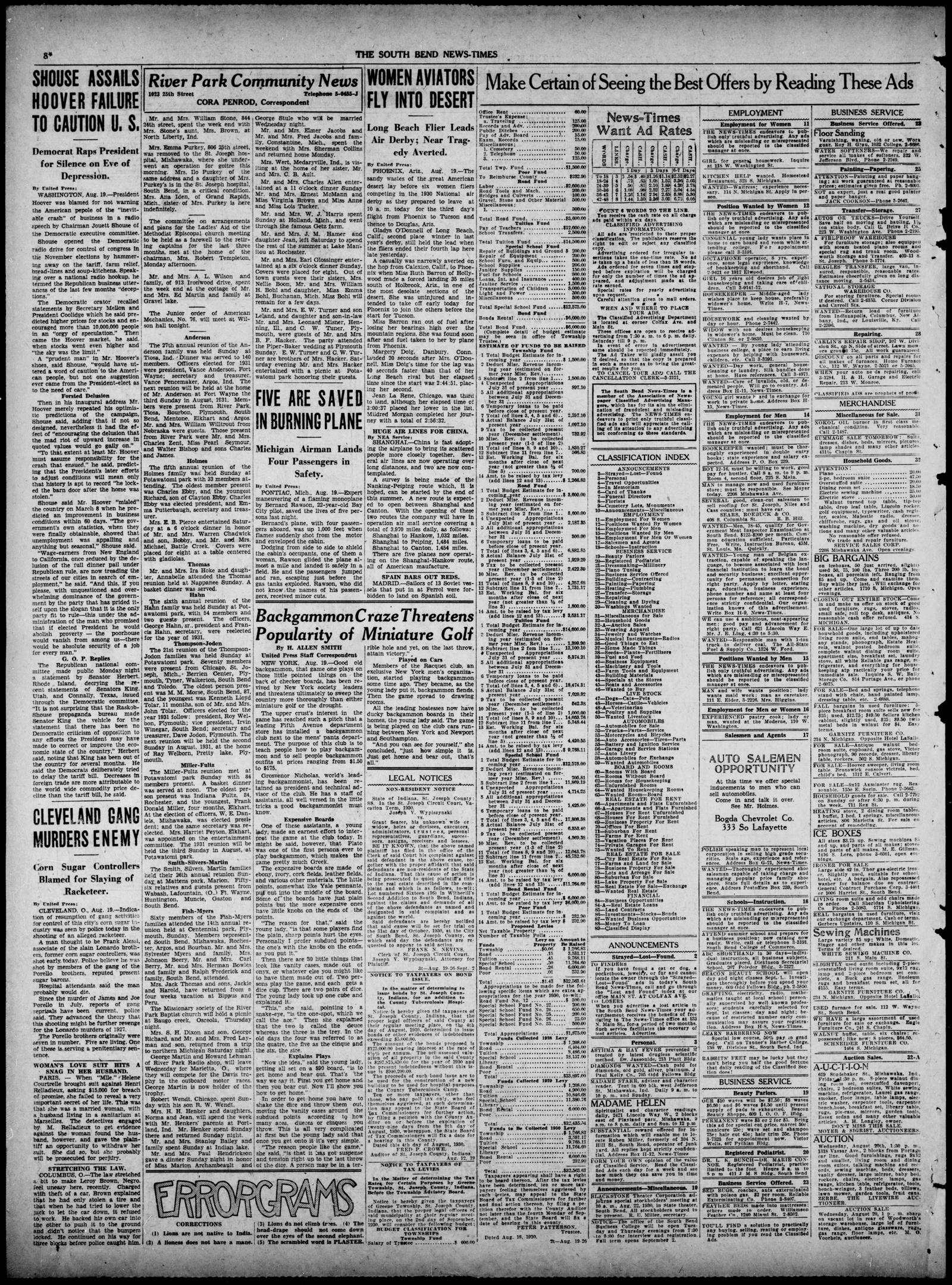 Page 8 of a section of the South Bend News-Times, 20 August 1930, with the item Cleveland Gang Murders Enemy in the first column and classified advertising at right