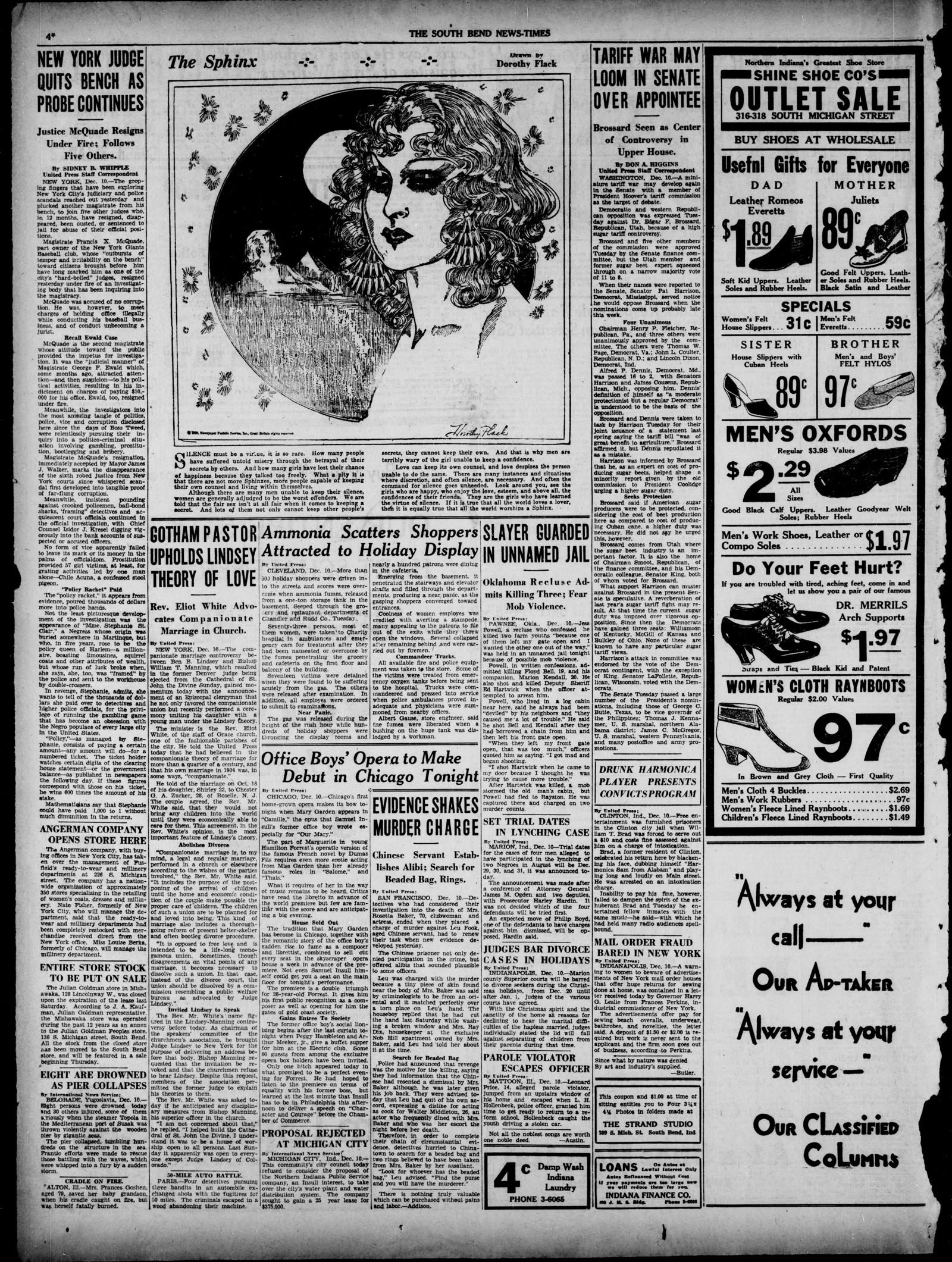 Newspaper page from The South Bend News-Times, 11 December 1930, with the headline New York Judge Quits Bench as Probe Continues at the top of the left column, a Sphinx illustration and shoe advertisements
